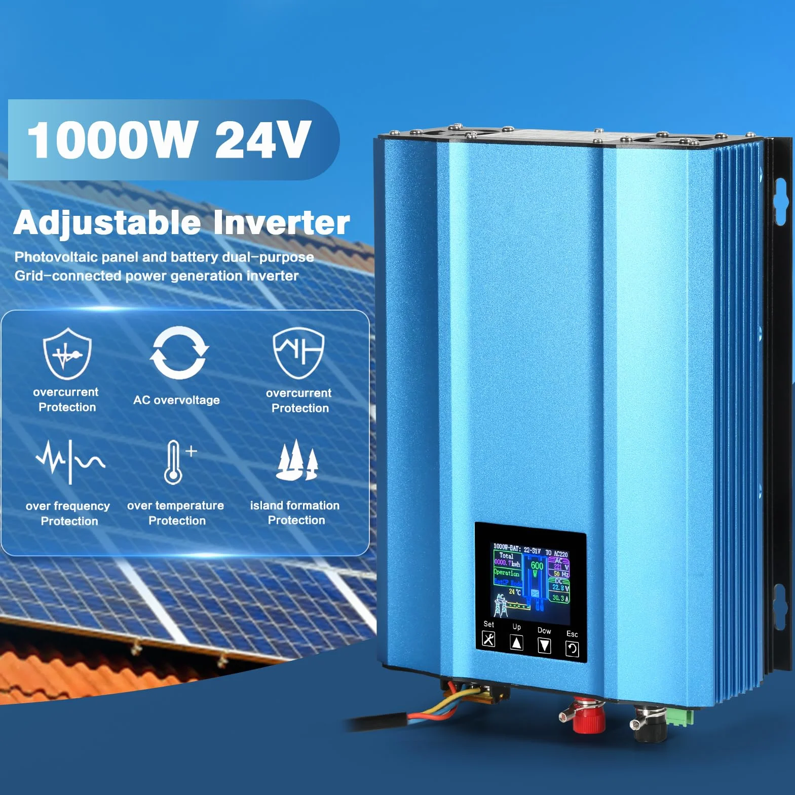 DEWIN Solare Inverter 1000W, Micro Inverter Fotovoltaico Inverter Grid Tie MPPT Micro Inverter 1000W Solar Grid Inverter di Rete per Pannelli Solari,Scarico della Batteria a 24V Regolabile AC 220V