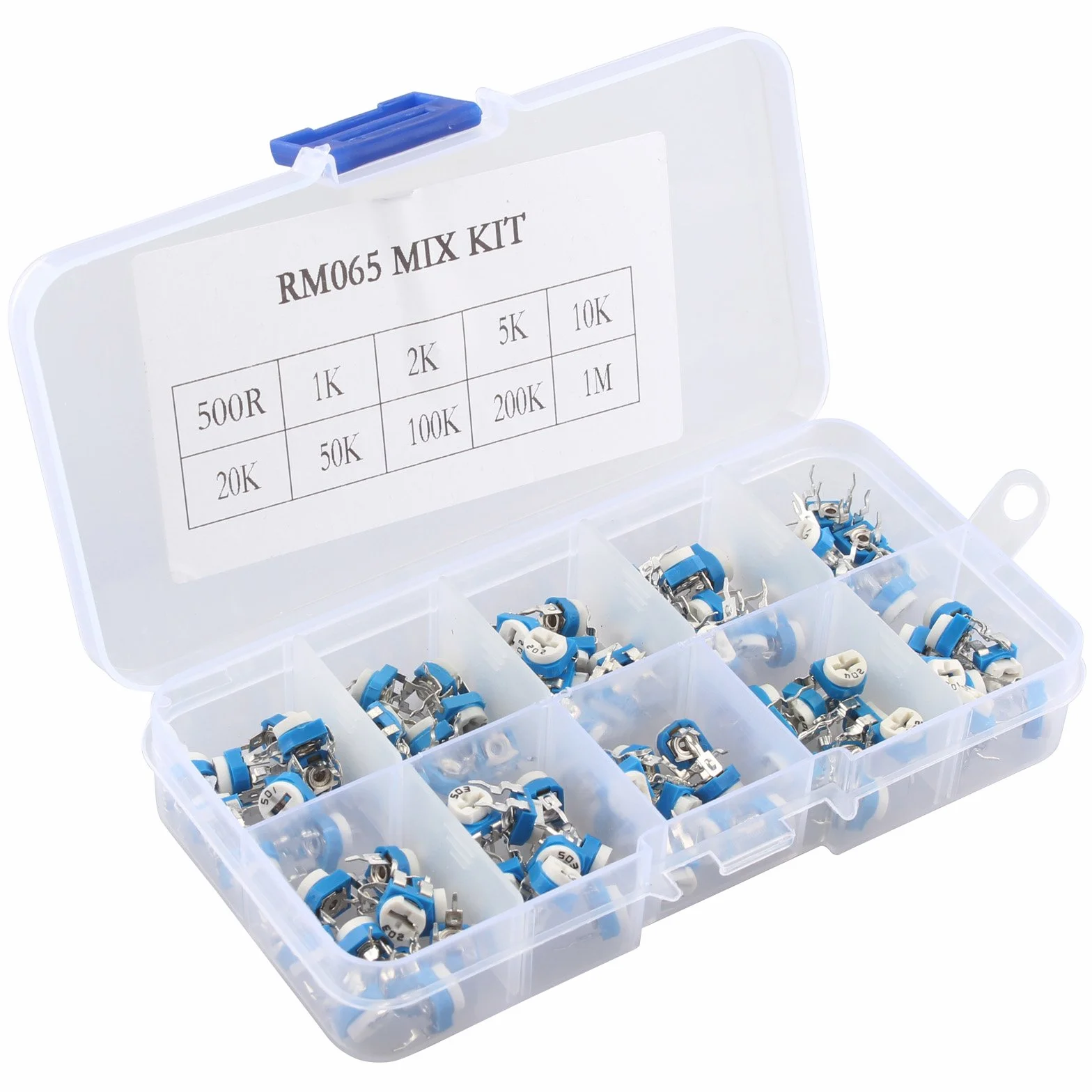 RM065 kit 100 pezzi assortiti trimmer 6mm 10 valori potenziometri resistori variabili valigetta plastica