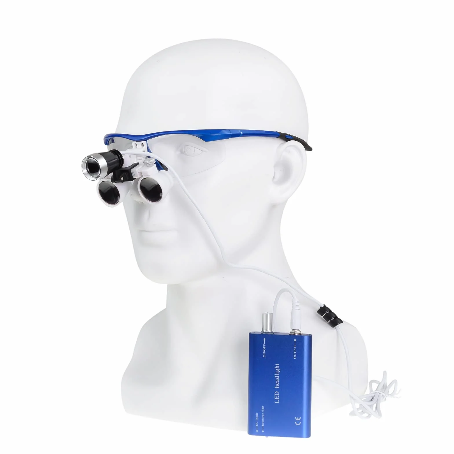 Lente binoculare chirurgica in vetro ottico, distanza di lavoro 3,5 x 420 mm, con lampada frontale a LED e scatola in alluminio, colore: blu