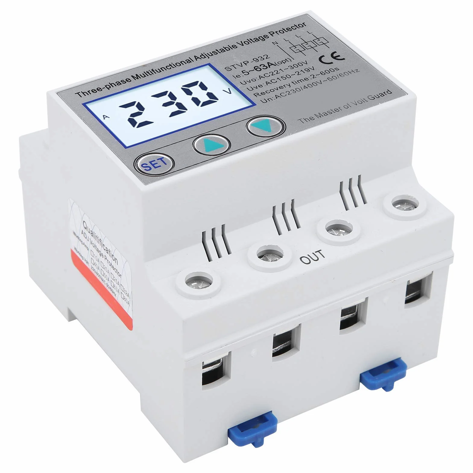 Protezione di Tensione Regolabile LCD Trifase Multifunzione Ripristino Automatico 230 V/400 V CA Protezione da Sovratensione Sottotensione Dispositivo di Protezione Della Tensione(63A)
