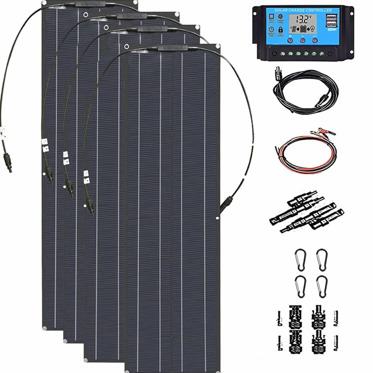 Pannello Solare Flessibile 800 W Modulo Fotovoltaico (4 Pezzi da 200 W) Cella Solare Monocristallina con Controller 40 A Uscita USB per Caricare Batterie 5 V/12 V/24 V, per Campeggio, Yacht
