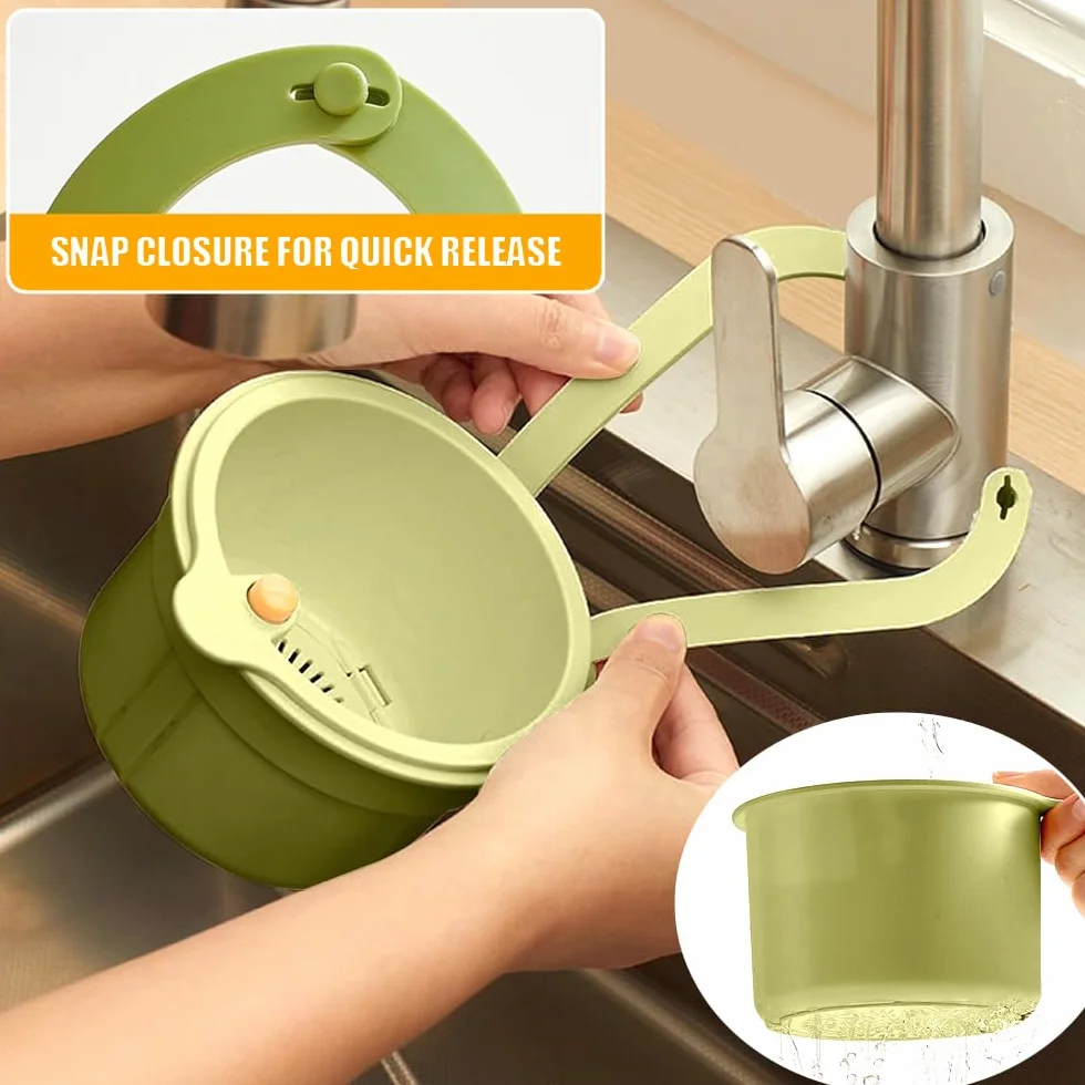 Cestino di scarico per lavello da Appendere, Cestello Filtro per Lavello Cucina, Cestino filtro rimovibile per lavare e scolare, Colino in Plastica Rubinetto con Pulsante a Scatto (Verde)