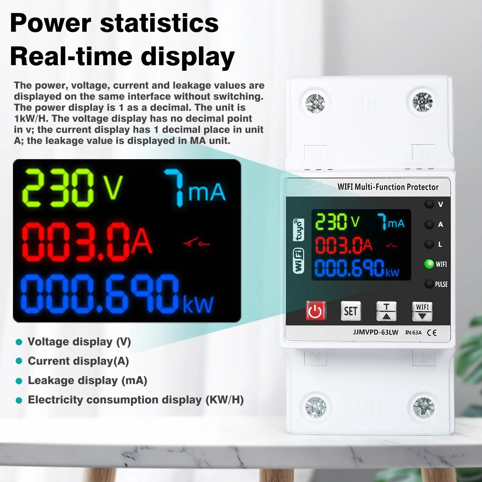 DEWIN Contatore Energia Elettrica WiFi,63A 220V Protettore di Sovratensione e Sottotensione Misuratore Energia Elettrica WiFi Scaricatore di Sovratensione 220V