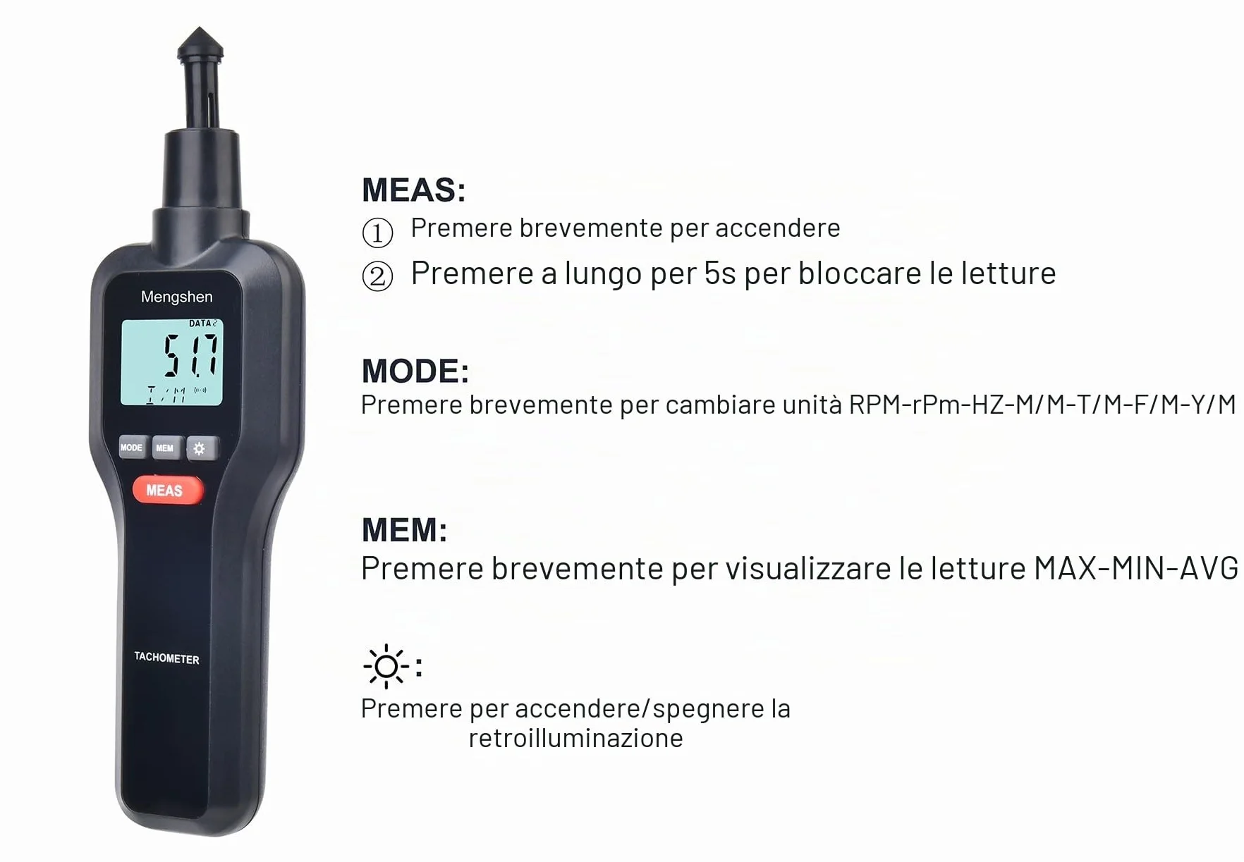 Mengshen TH522 Tachimetro Digitale, 2 in 1 Tester di rotazione del misuratore di velocità senza contatto e contatto