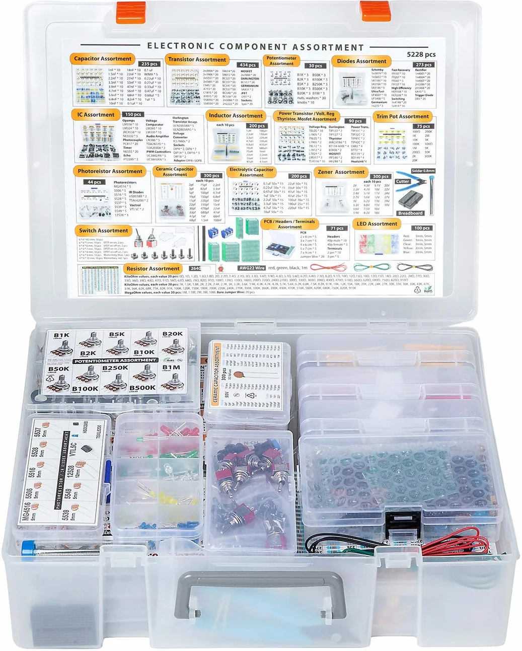 Scatola di componenti elettronici XXXL 5228 pezzi, condensatori, transistor, potenziometri, diodi, circuiti integrati, induttori, regolatori, mosfetti, barattoli di rivestimento, LED, PCB,