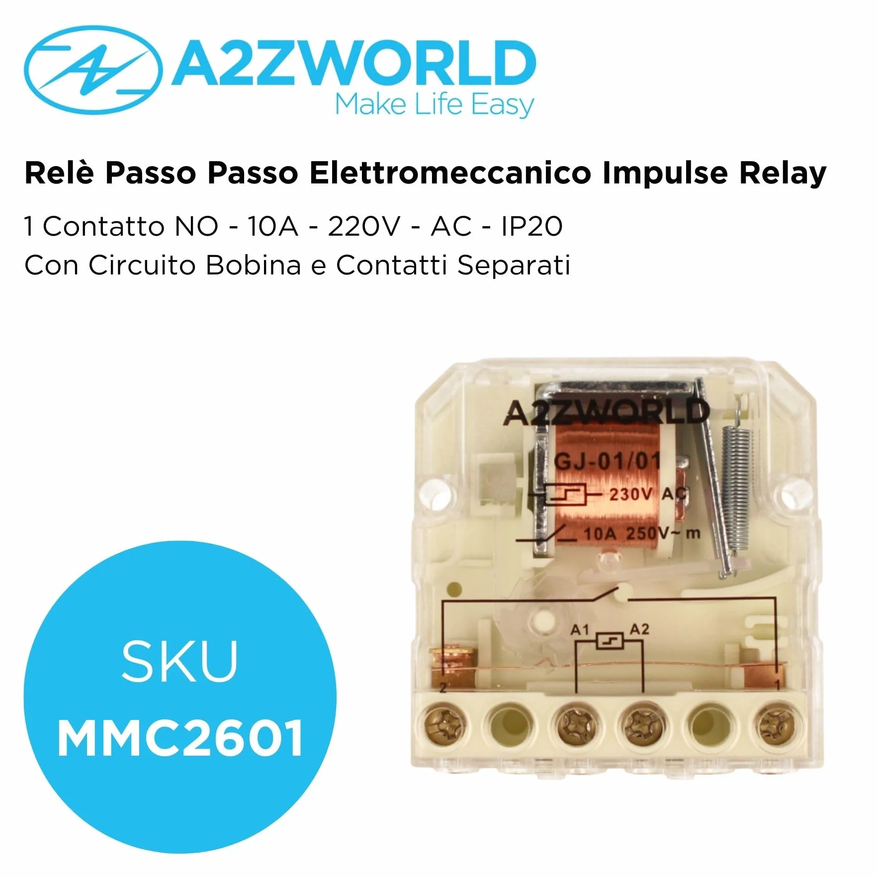 2 Pezzi Relè Passo Passo Elettromeccanico 220V 10A, Step Impulse Relay per Illuminazione, Scatolato Compatto 44X44X22mm, IP20, 1 Contatto NO, Con Circuito Bobina e Contatti Separati