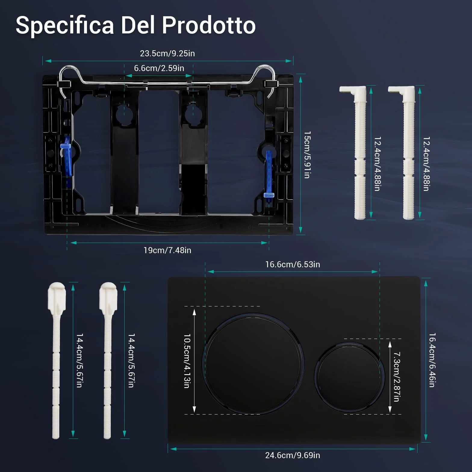 Empyreal Piastra di Ricambio per Pannello Frontale Cassetta WC, Set Aste Scarico e Telaio Fissaggio, Per Geberit Sigma 20 Serie 115.882, Doppio Scarico, Nero