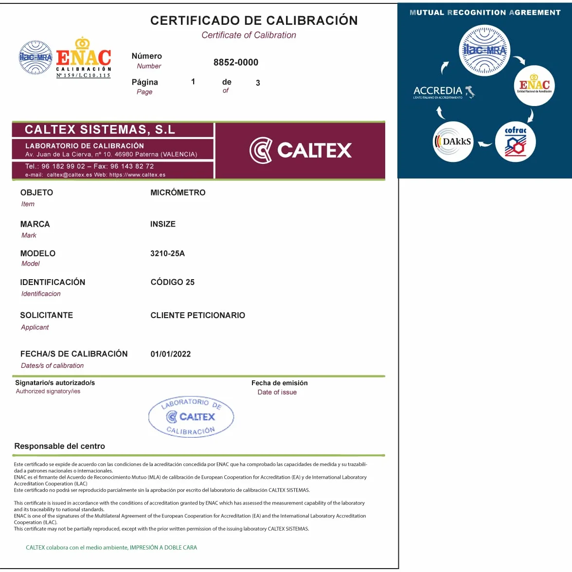 Micrometro tarato INSIZE 3210-25A con Certificato di Taratura Acreditato LAT (accettato da ACCREDIA)