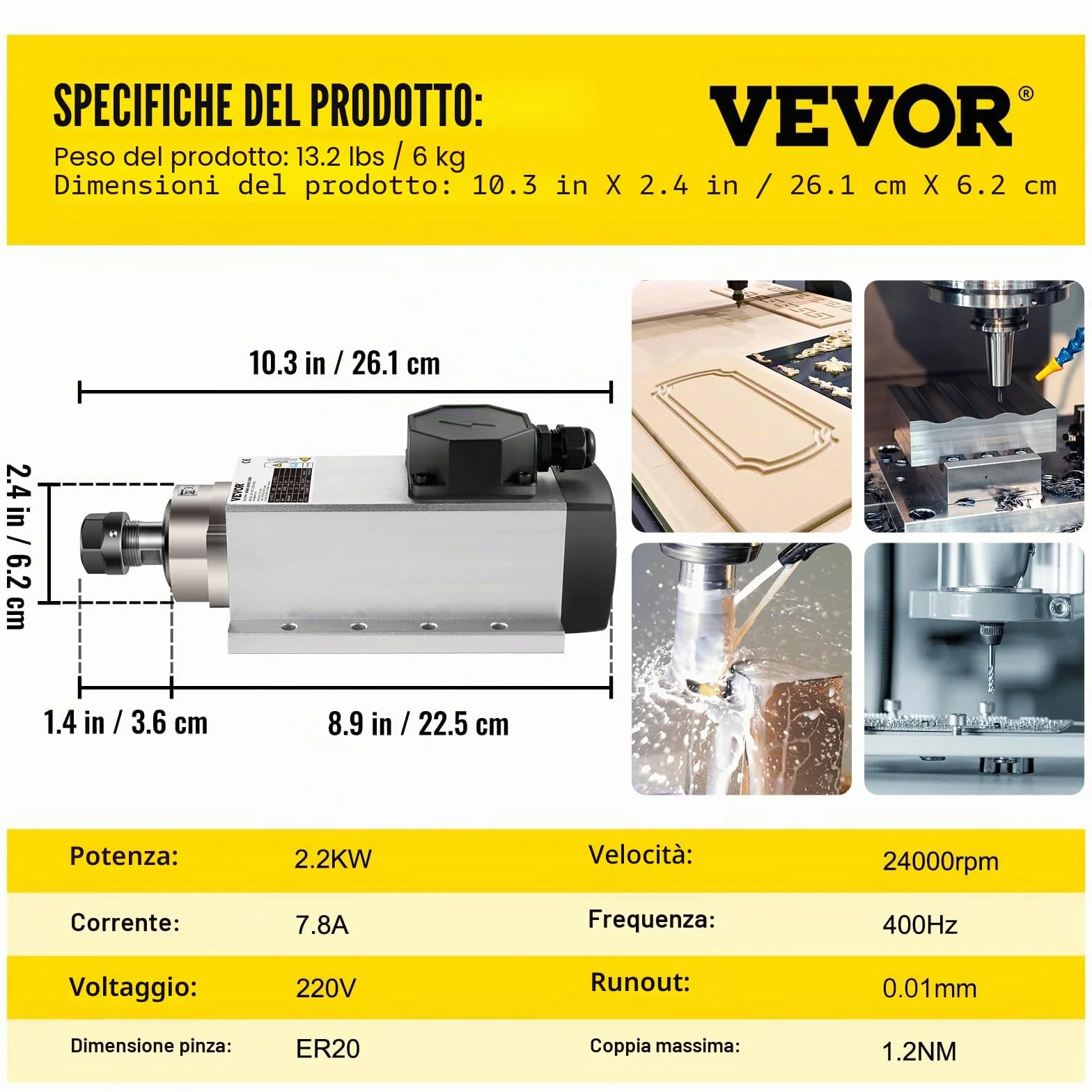 VEVOR Motore Mandrino Raffreddato ad Aria 2.2KW ER20 CNC con Kit VFD Inverter