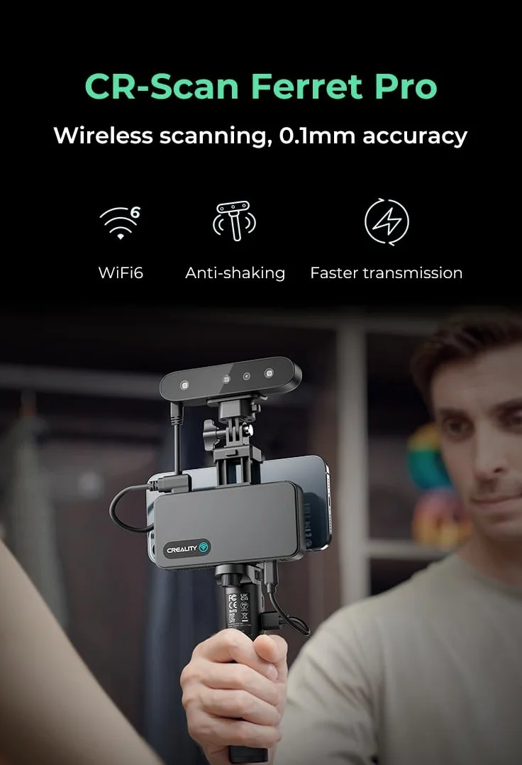 Creality CR Scan Ferret Pro 3D Scanner, precisione 0,1 mm, anti-shake, scanner portatile 3D WiFi6 per IOS/Android Phone PC Win 10/11, scansione a colori a 24 bit