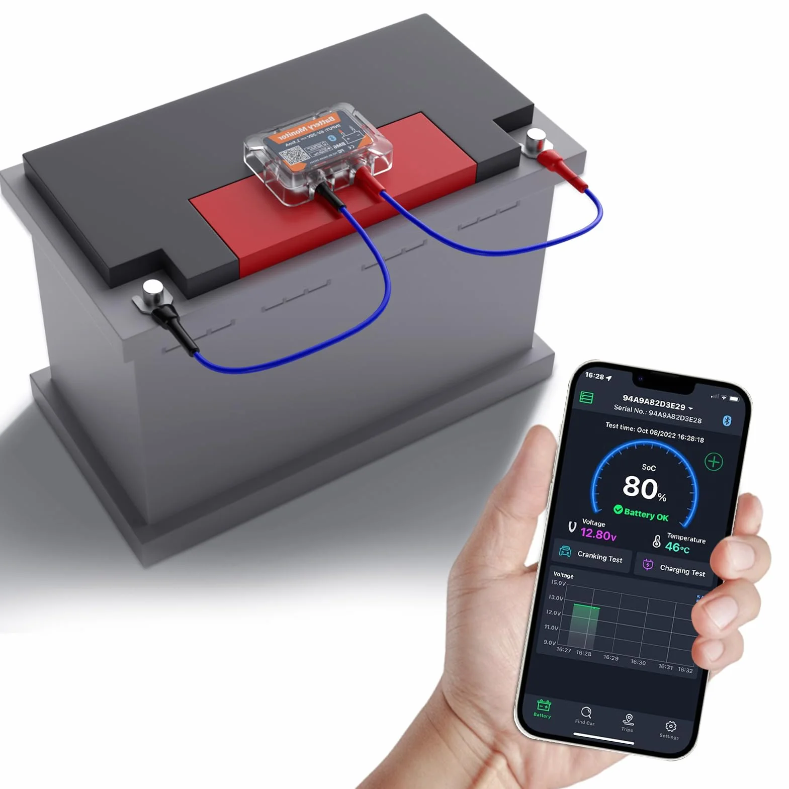 Battery monitor 12V Bluetooth 4.2 Tester batteria auto DC 6V-20V Monitoraggio dello stato della batteria in tempo reale con protezione da cortocircuito e inversione di polarità Avviso anomalo.