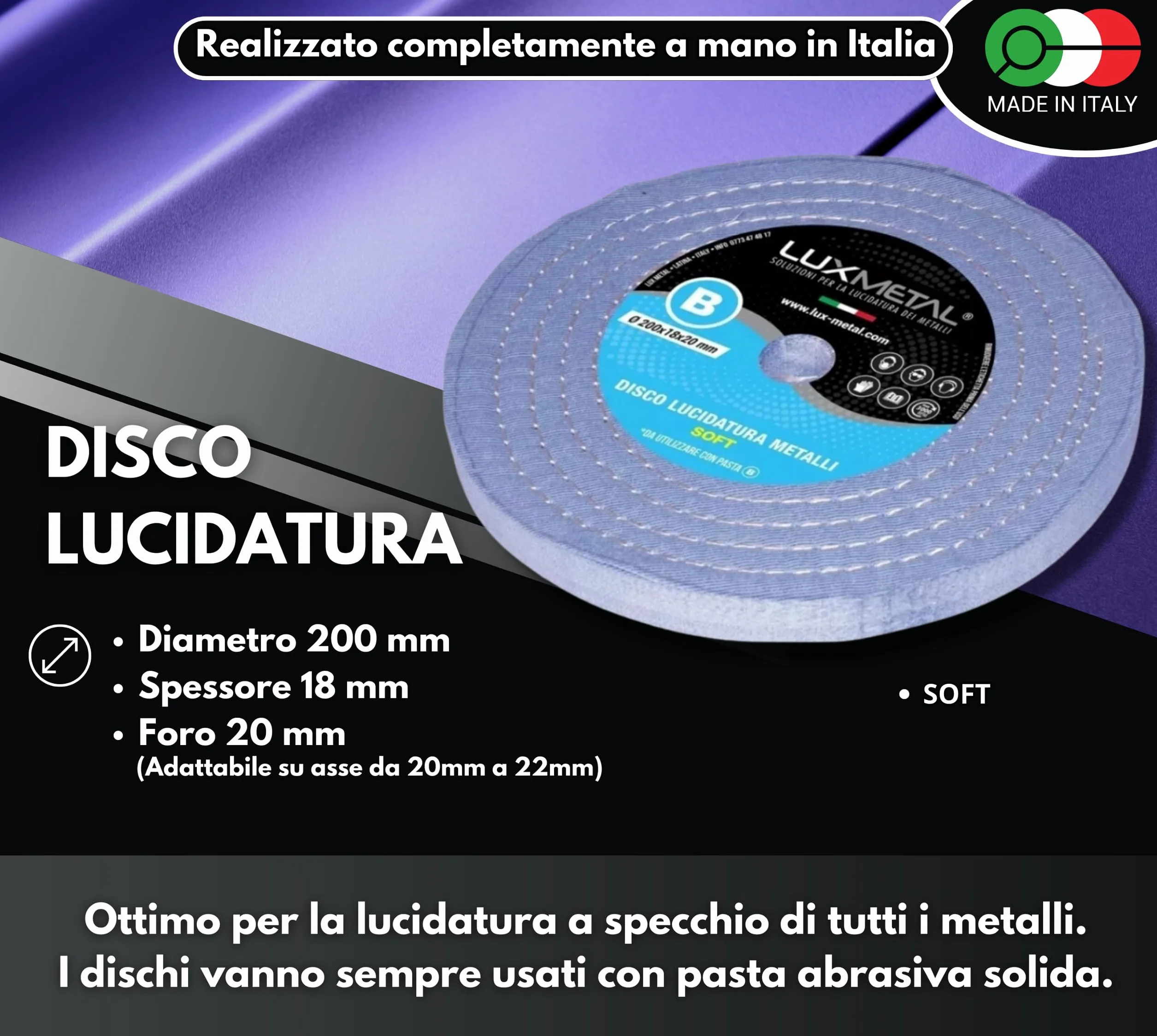Lux Metal Disco Lucidatura Metalli Soft 200 mm In Feltro Cotone Per Lucidare A Specchio Alluminio Acciaio Inox Dischi Lucidante Lucidatrice Mola Ruota Smerigliatrice Ottone Rame Legno Marmo Plexiglass