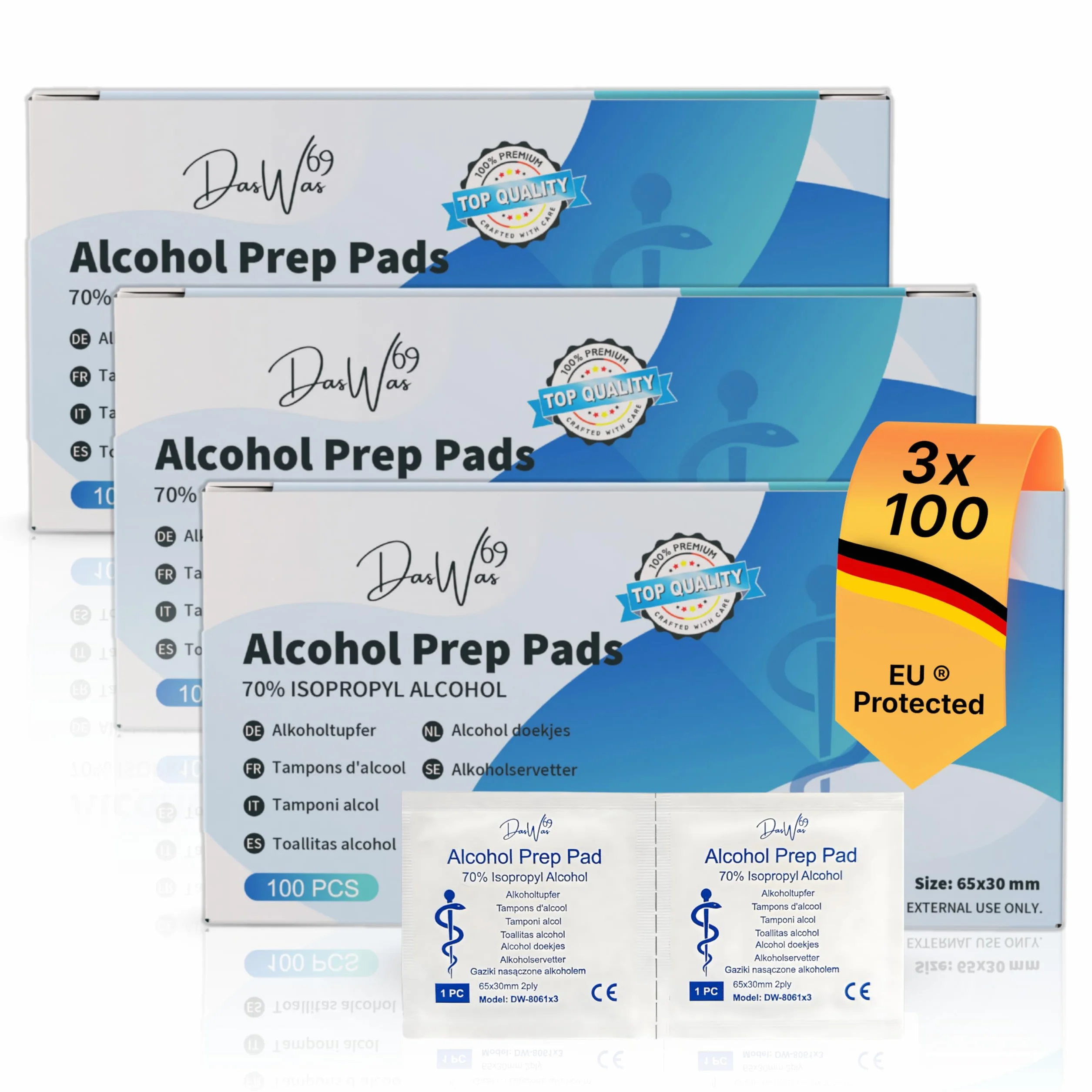 DasWas Salviette Disinfettanti 70% Isopropilico 300 Alcohol Pads Uso Medico 65x30 mm