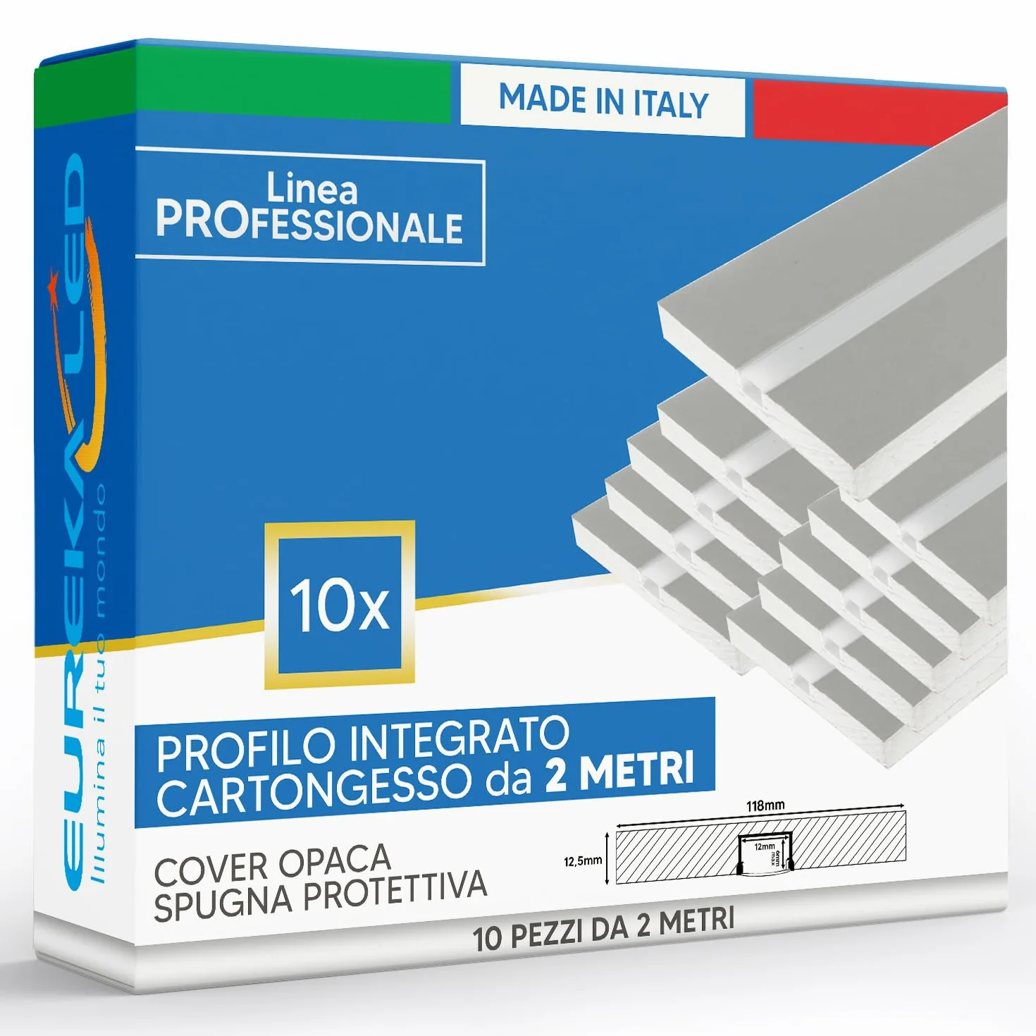 10pz Profilo in Alluminio 2mt per Strisce LED Integrato in Lastra di Cartongesso 12,5mm - Struttura pronta da incasso e montaggio con copertura opaca