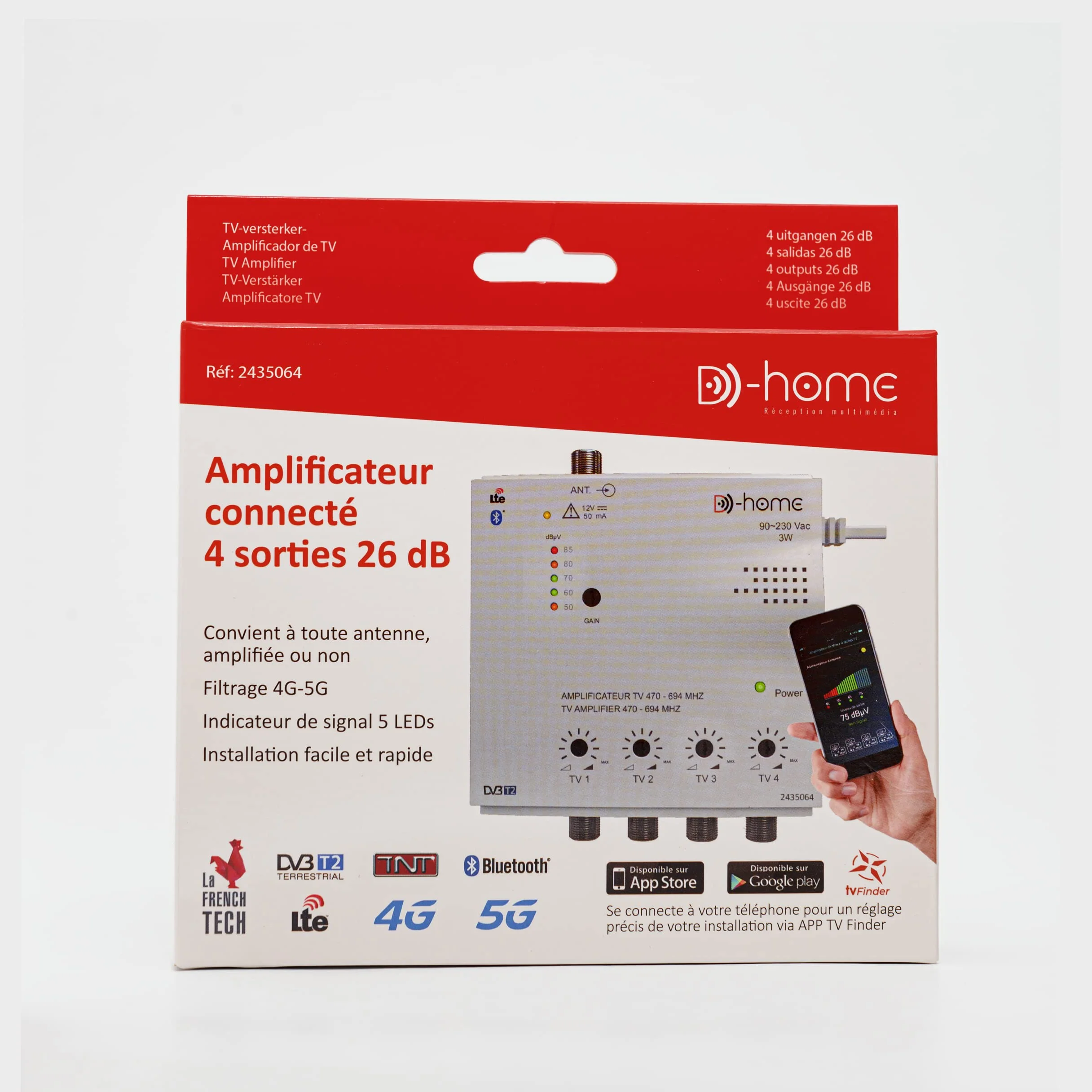D-Home - Amplificatore TV TNT Interno 4 Uscite 26dB Filtrato 4G-5G, funziona con App TV Finder