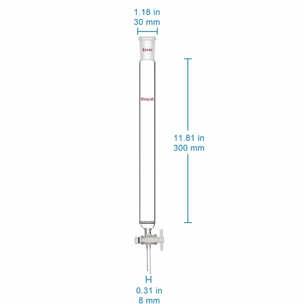 stonylab Colonna Cromatografia in Vetro Borosilicato, Chromatography Column 24/40 Giunto con Disco Frittato e Rubinetto di Arresto in PTFE, Lunghezza Effettiva 300 mm e Colonna O.D. 30 mm