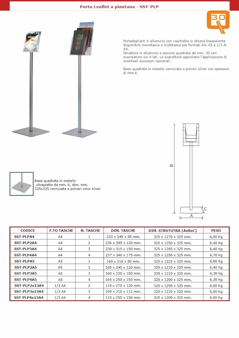 Espositore Portadepliant a Piantana 3 Tasche Plexiglass A4 Alluminio Base Metallica Antinciampo