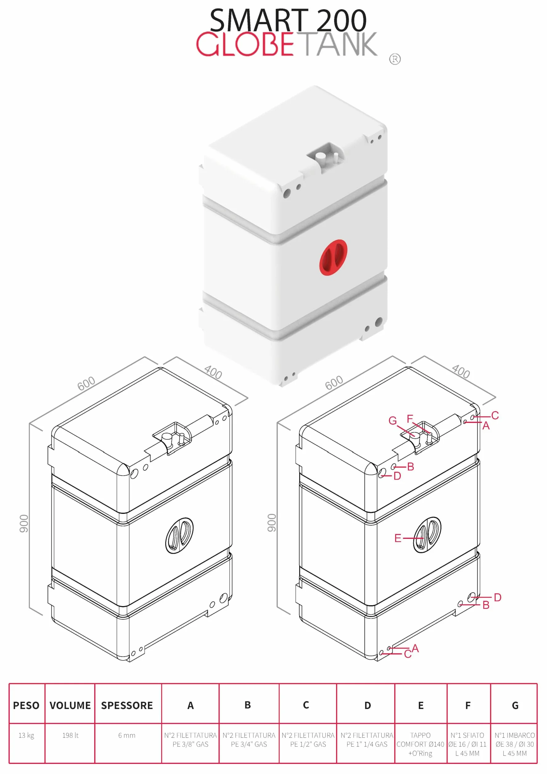 SERBATOIO SMART 200 VERTICALE RIGIDO ACQUA GLOBETANK (NEUTRO TRASLUCIDO)