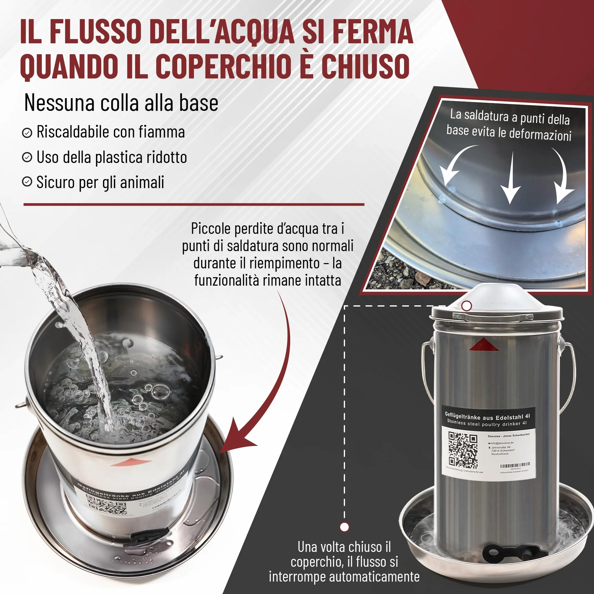 Abbeveratoio per Galline 4L in Acciaio Inox 304 (V2A) – Riempimento dall'alto, compatibile con riscaldatori e piastre riscaldanti, per pollaio