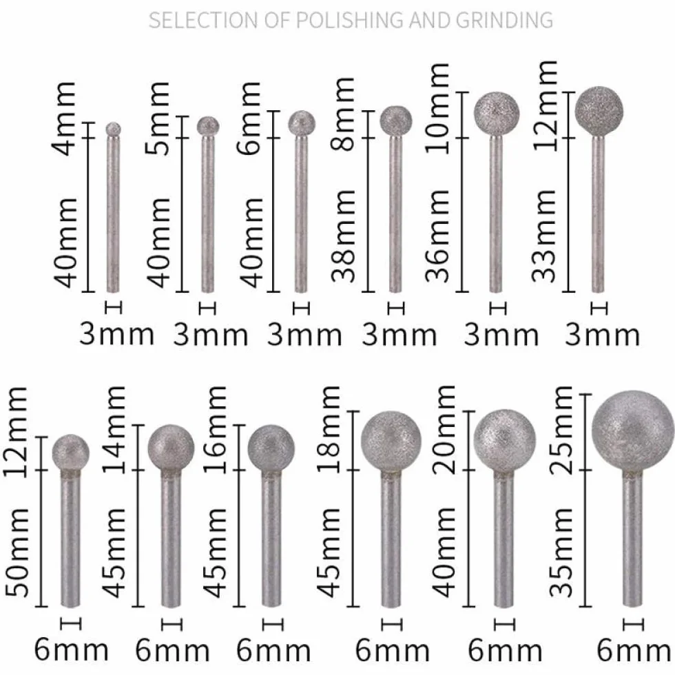 3 / 6mm sferico gambo durevole Diamante Diamante testa per giada, metallo, lega, macchinari, pietra, stampi rettifica e lucidatura-6x12mm.