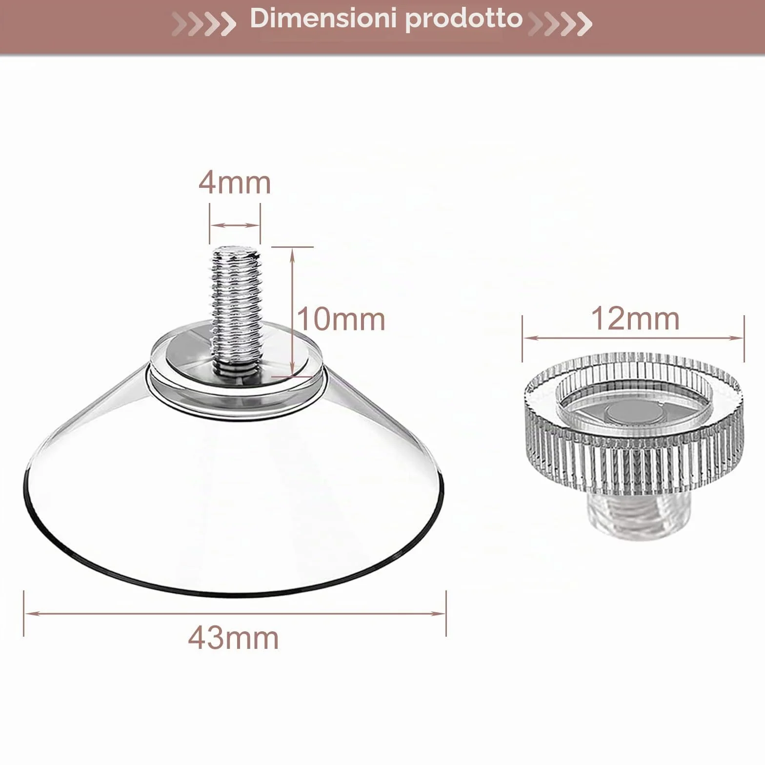Ganci a Ventosa con Vite per Vetro, Confezione da 5 Ventose da 43 mm con Dado Zigrinato M4, Supporto a Ventosa Trasparente con Pulsante Tondo Filettato, Ventosa Versatile per Finestre, Auto