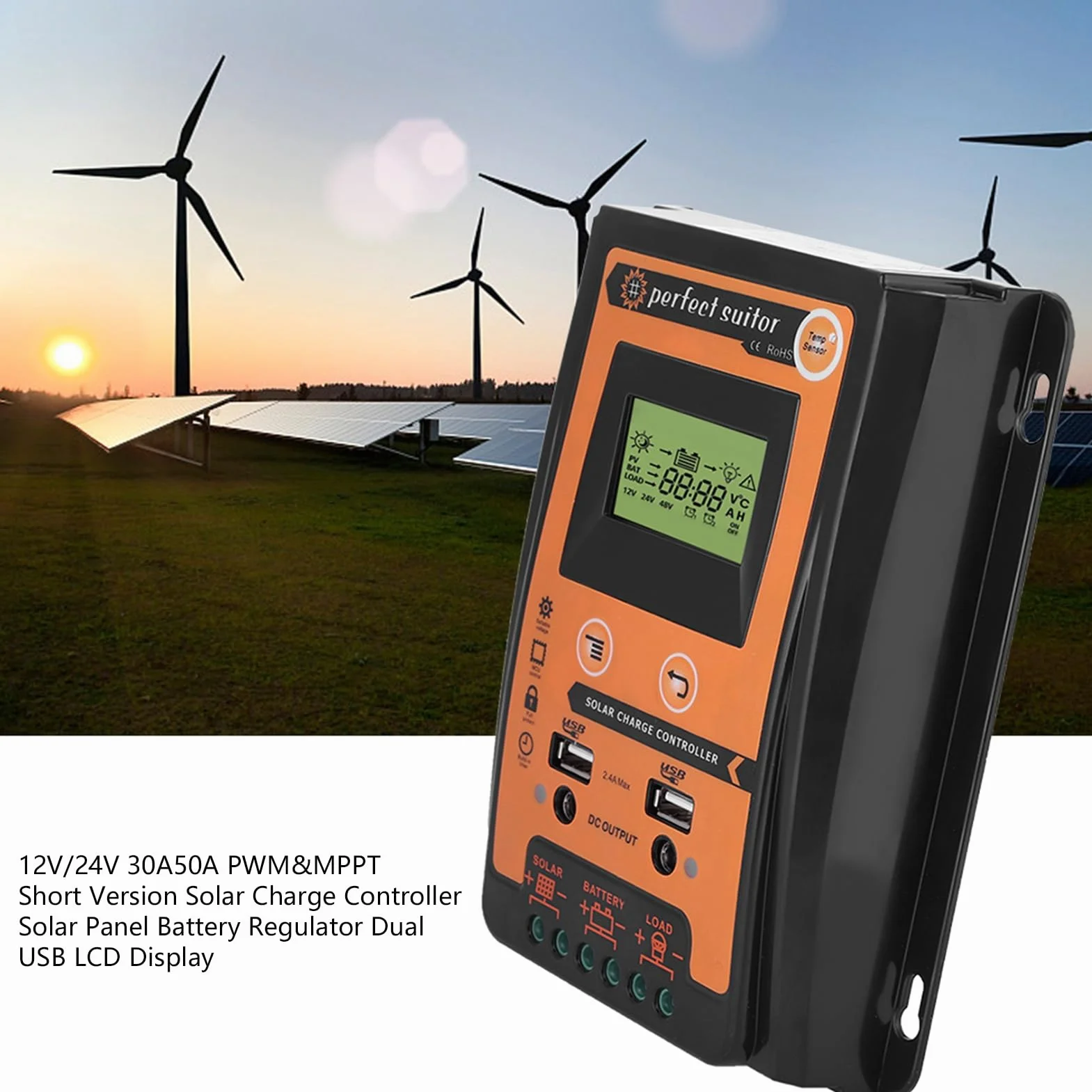 Regolatore di Carica Solare, Plastica Ip32 12V/24V 30A 50A Mppt Regolatore di Carica Solare Pannello Solare Regolatore Batteria Doppio Display LCD USB, Caricatore Solare C (70A)