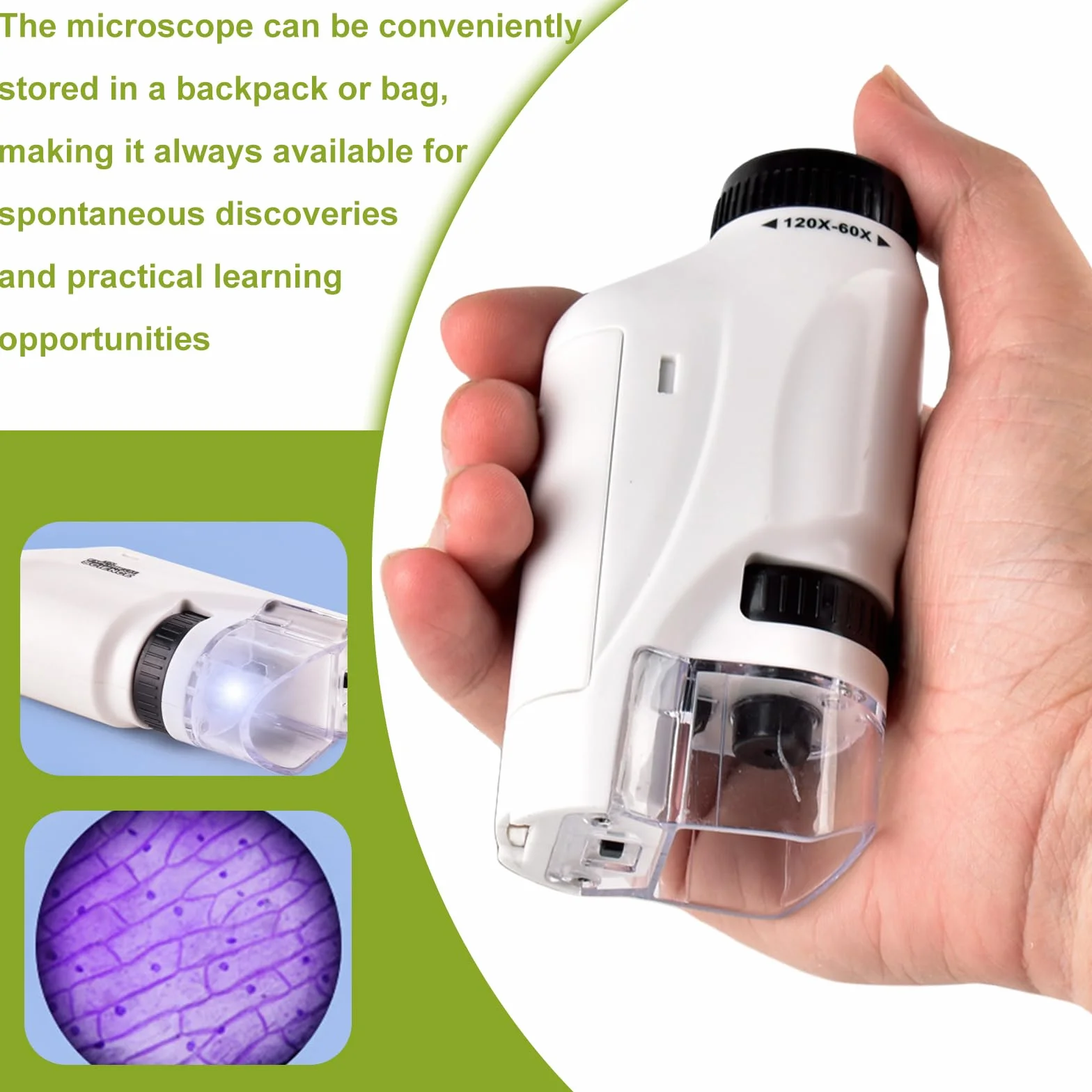 Microscopio Tascabile: Microscopio Tascabile per Bambini, Mini Microscopios Portatile con Luce LED 60X-120X per Bambini Studenti Adulti Laboratorio Domestico Scolastico