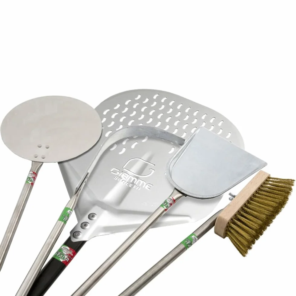 Giemme Set Professionale da 5 Pale per Pizza in Alluminio e Acciaio, Pala Forata in Alluminio 33x33 cm, Manico 150 cm, Per Forni profondi 120/130 cm (Lunghezza manico 150 cm)