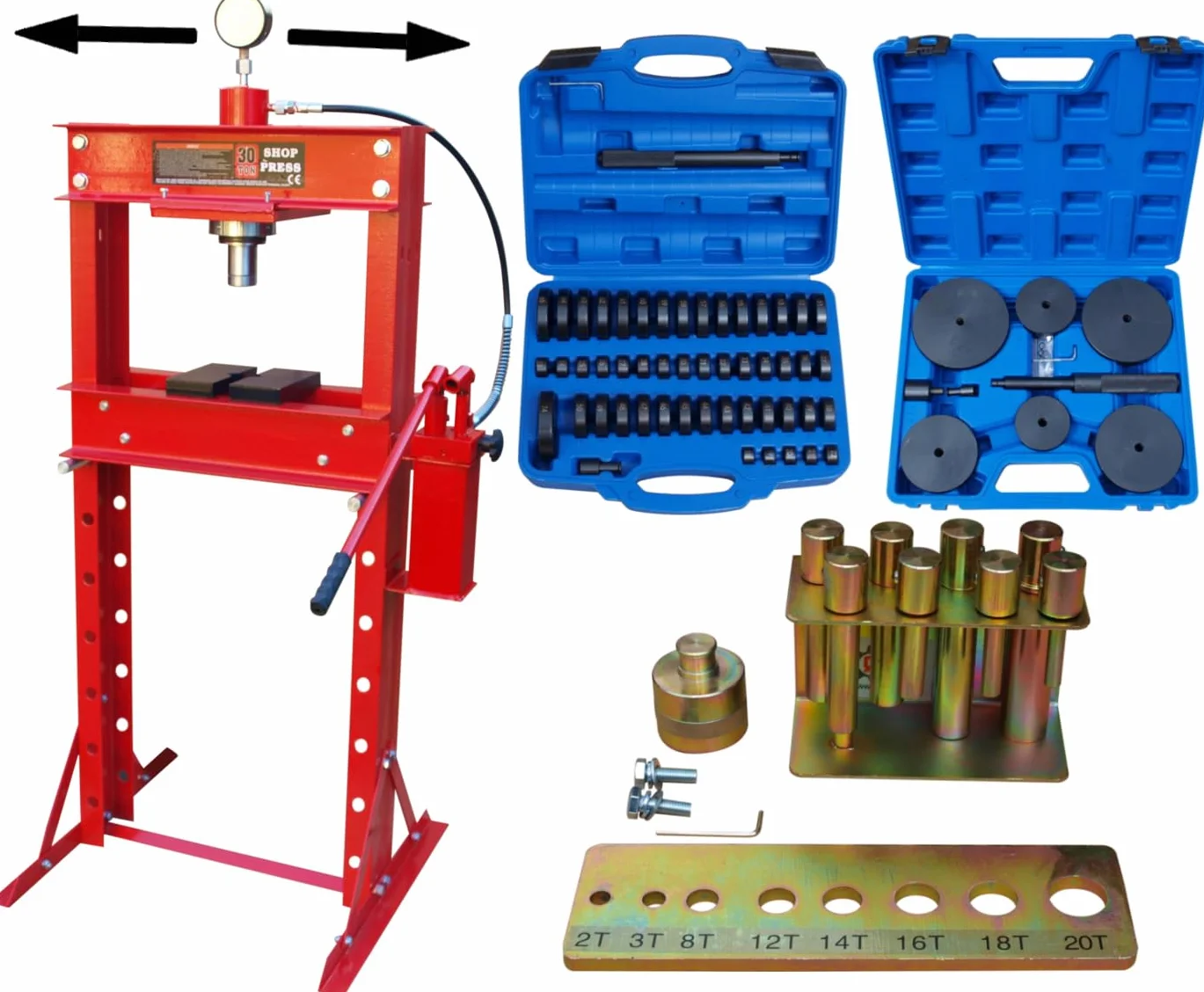 Carmax Pressa da officina 30T con 2 pompe + pezzo di pressione 18-150 mm + set di spine di pressione, 8 pezzi.