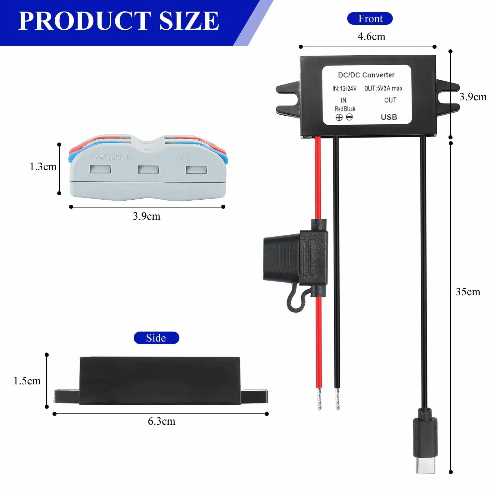 USB C Step Down Converter 12V 24V to 5V 3A 15W Buck