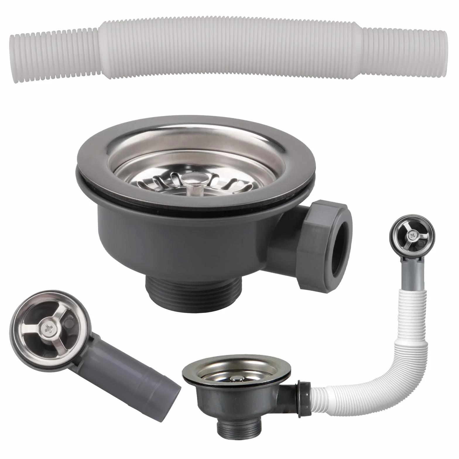 Piletta Lavello Cucina 114 mm Scarico Lavello Cucina 304 Acciaio Inossidabile Filtro per Cestello 1½" con 45mm Vite Lunga e Troppopieno