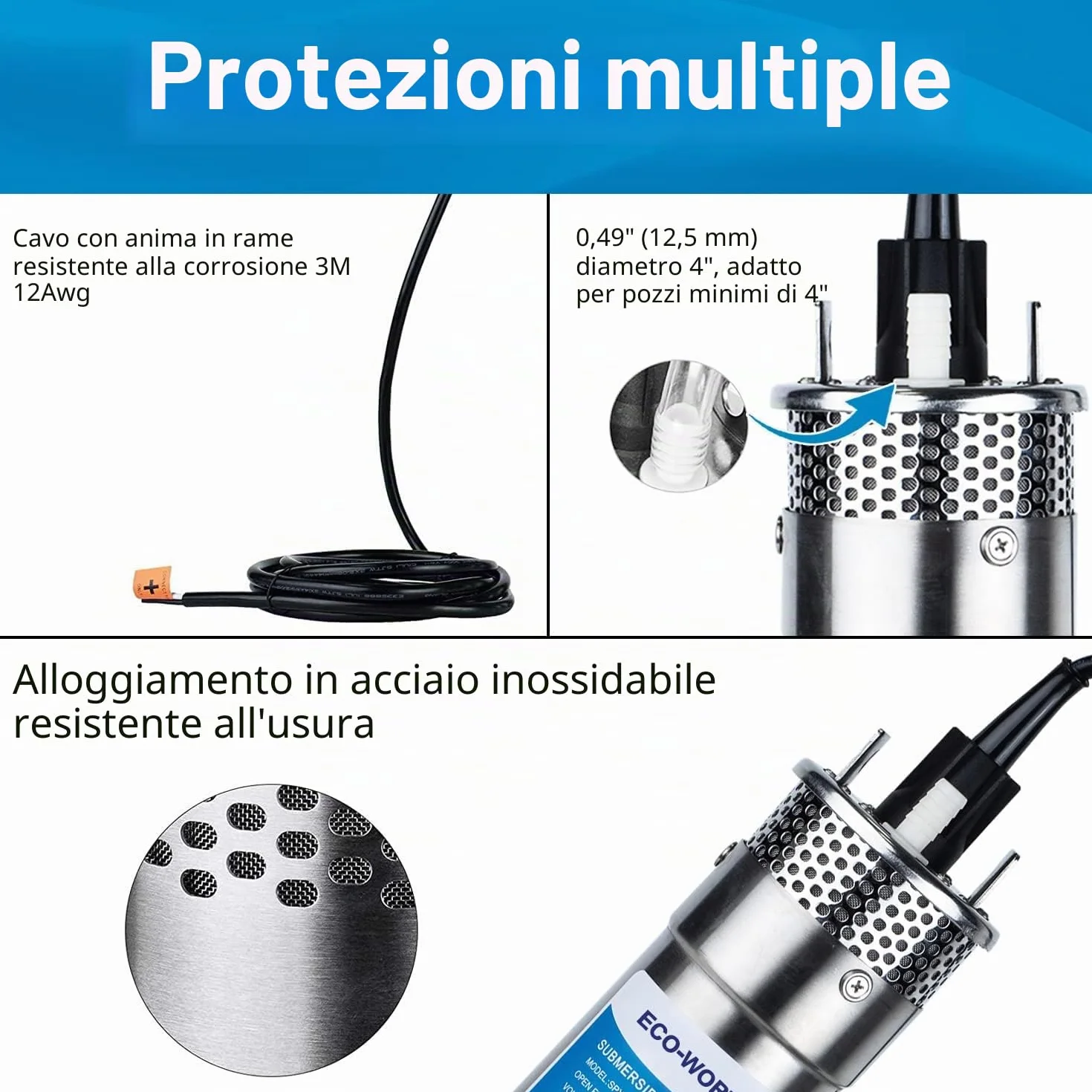 DCHOUSE Pompa Sommergibile per Pozzi 12V DC in Acciaio Inossidabile, Alimentata a Energia Solare, Altezza di Sollevamento 70 m, Profondità Massima di Immersione 30 m