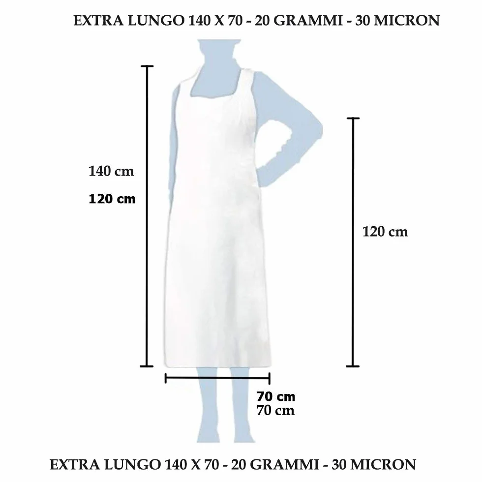 50 pz. GREMBIULI 140 x 70 EXTRA LUNGHI PLASTICA LDPE 30 MICRON IMPERMEABILE DEFENDER 20