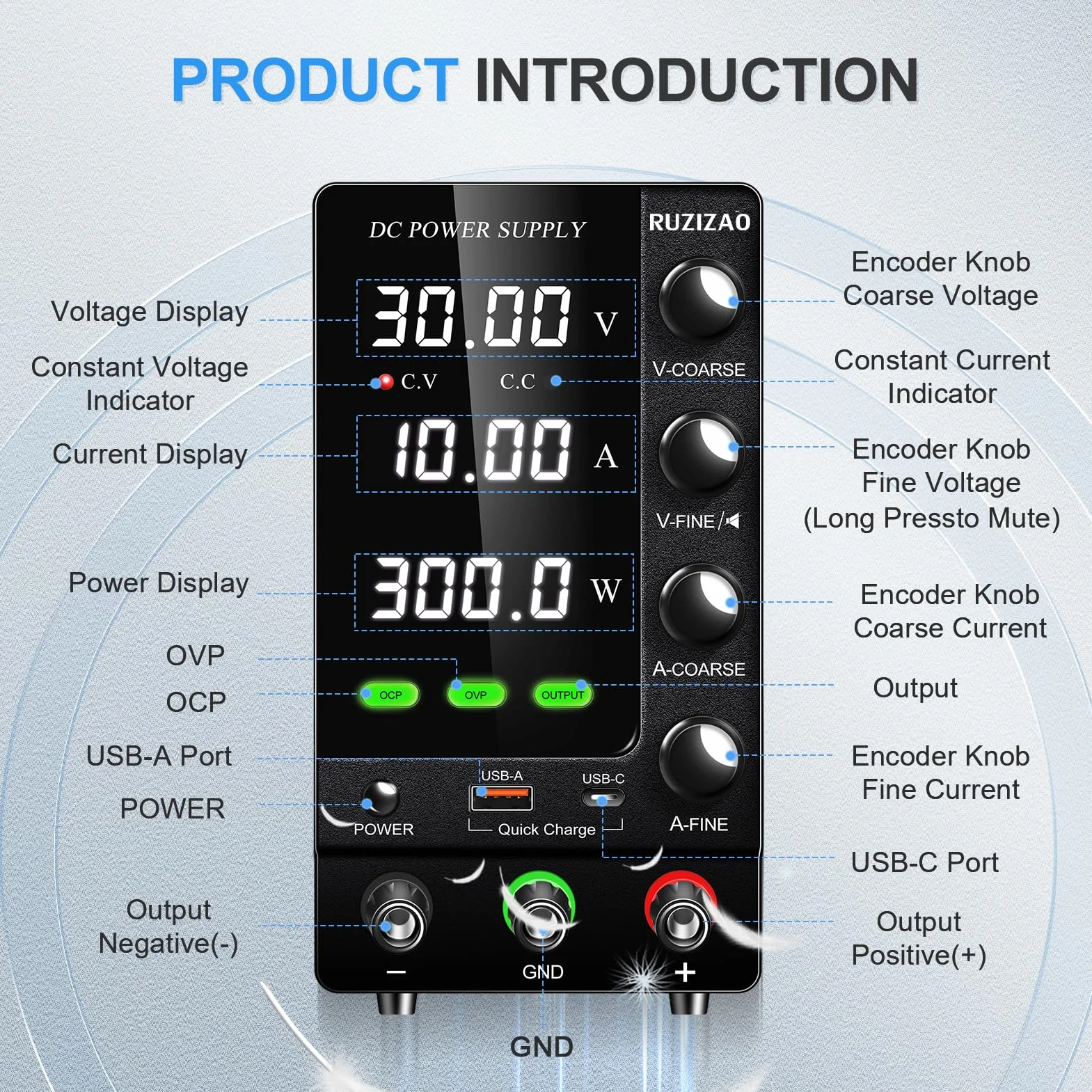 Alimentatore regolabile 30 V 10 A Alimentazione da Laboratorio con OCP/OVP/Output/Encoder/18 W USB di Ricarica Rapida, Alimentazione Banca per Test/Ricarica delle Batterie