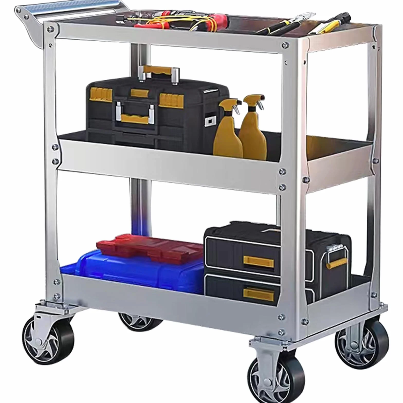 Carrello da Officina in Acciaio Inox a 3 Livelli - Porta Attrezzi Con Capacità di 500 kg, Ruote per Lavoro, Montaggio in Garage, Officina e Magazzino - 78 x 46 x 92cm