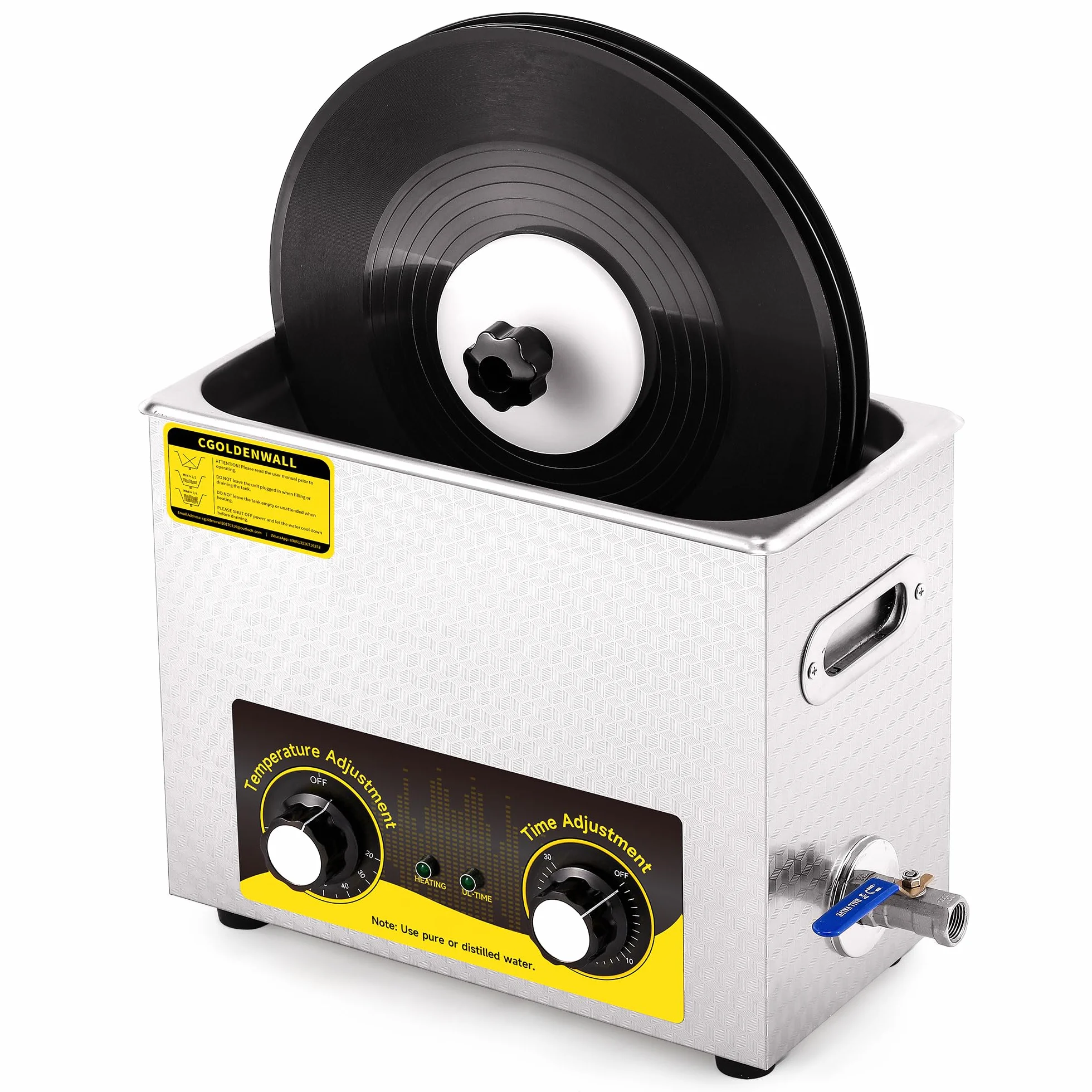 Pulitore a Ultrasuoni per Dischi in Vinile 6L Max. 6 Dischi 0-30 Minuti Timer 20-80°C Funzione di Riscaldamento Rotazione Automatica per Dischi da 7/10/12" Supporto di Asciugatura e Cestello inclusi