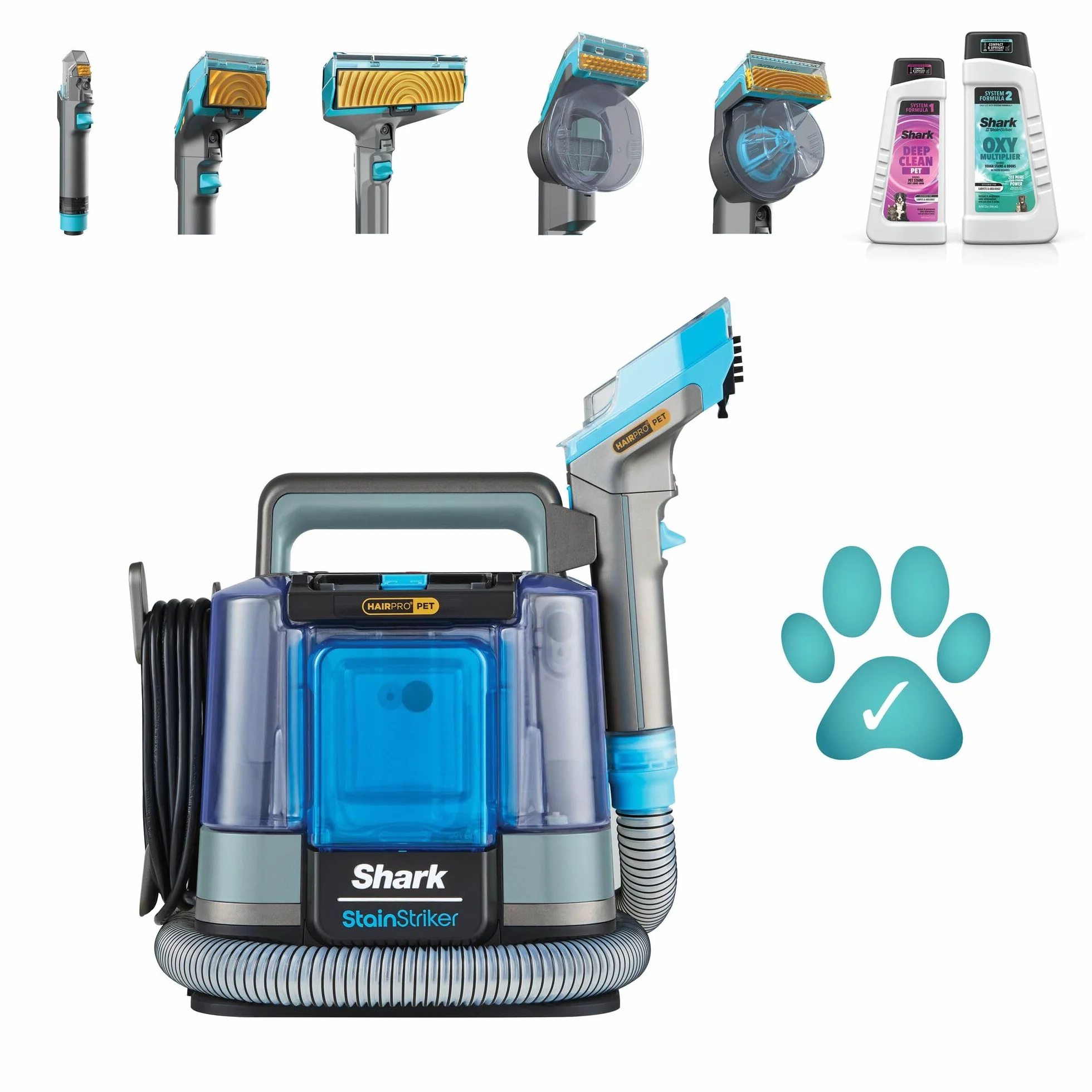 Shark StainStriker HairPro Pet - Pulitore per Tappezzeria e Smacchiatore, 450 W - Adatto a Case con Animali Domestici e Fessure Difficili - 5 Accessori, 2 Detergenti - Modello PX200EUCP