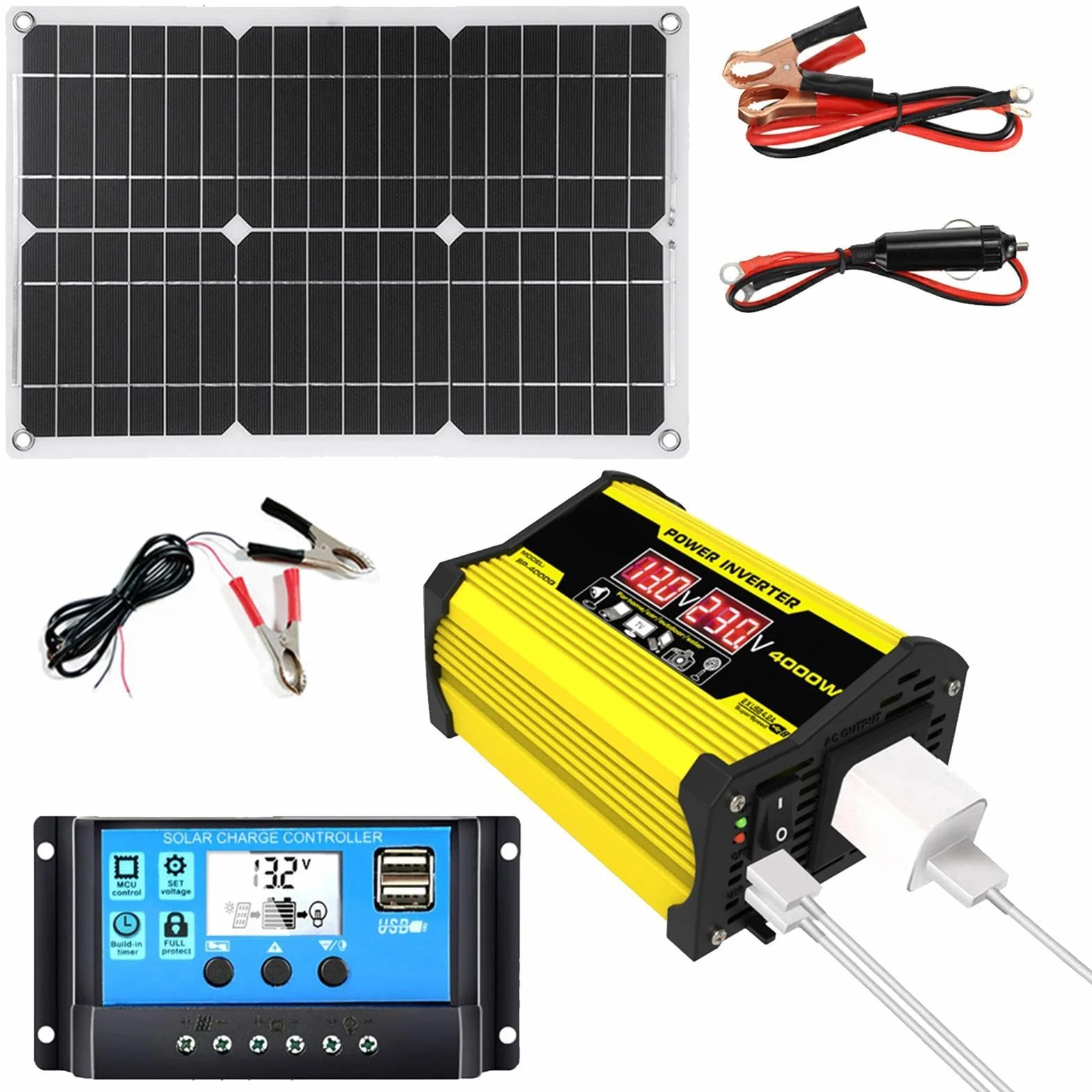 Kit di pannelli da 300 watt - Completo di alimentazione solare a 12 V con convertitore, inverter e controller, resistenti alle intemperie per esterno, cabina, alimentazione di b