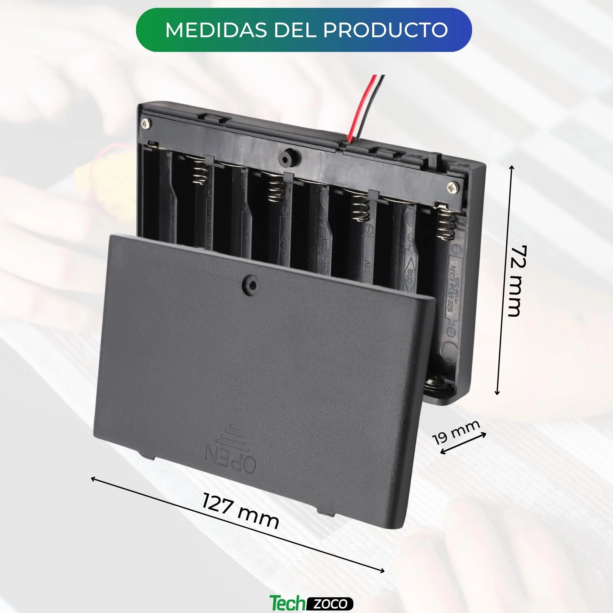 TECHZOCO Porta batterie con interruttore on/off, supporto batteria AA, scatola batteria, porta batterie, cavo da 200 mm, tensione totale: 12 V (1,5 V per batteria), adatto per 8 batterie LR6 AA (FR6,