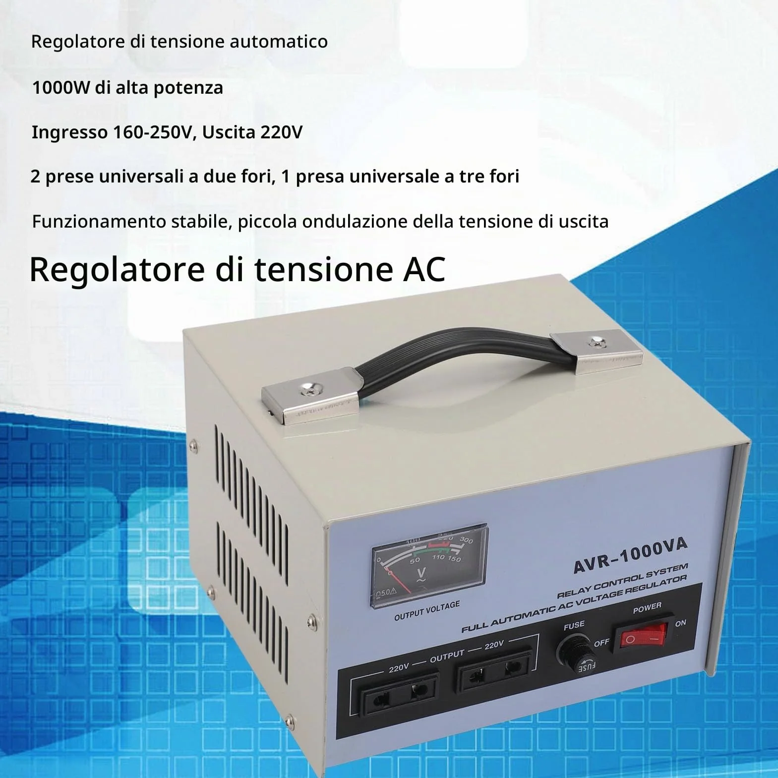 Stabilizzatore di Tensione Automatico con 2 SAFE WIRE Regolatore di Tensione CA Variabile 1000 W Ingresso 160‑250 V Trasformatore Variabile di Uscita 220 V 3 Prese (Spina europea)