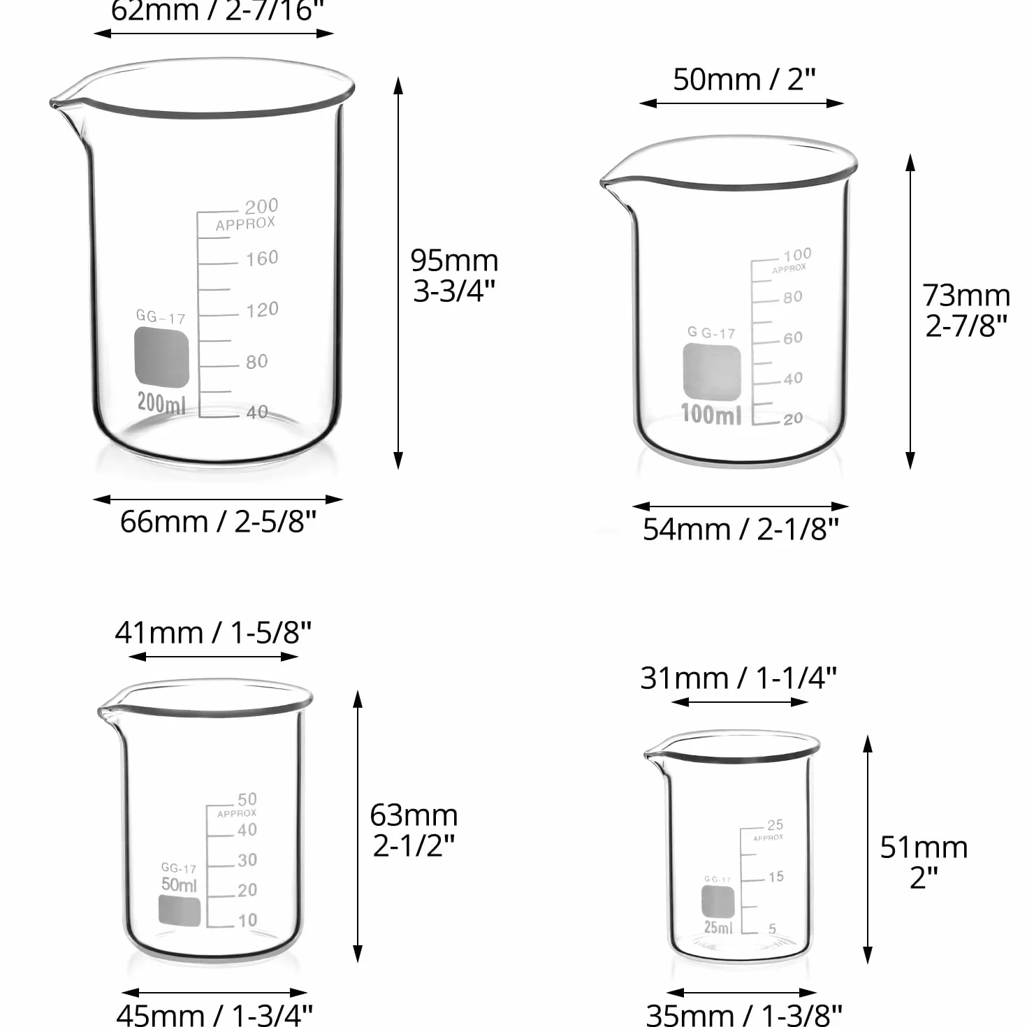 QWORK® Becher Graduato 25ml 50ml 100ml 200ml in Vetro Borosilicato 3.3, Set di 4 Misurino Graduato per Laboratorio Scientifico Cucina