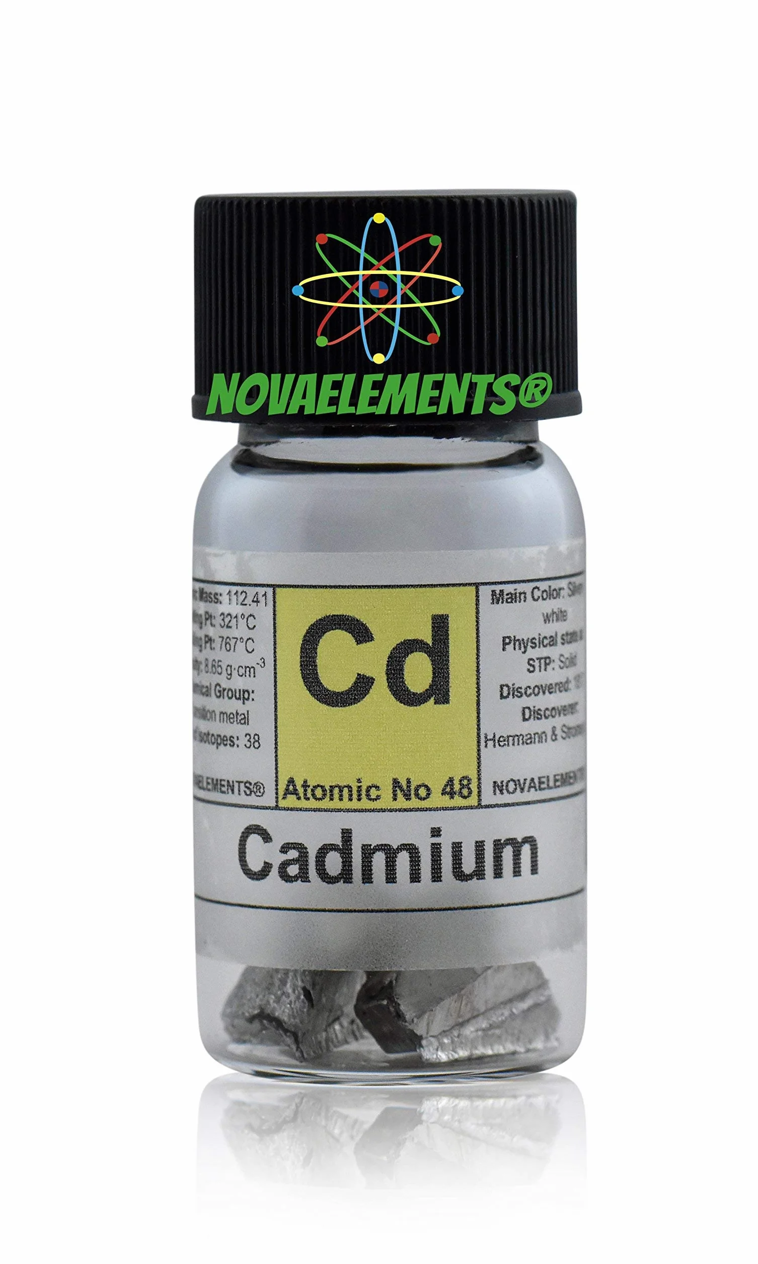 Cadmio metallico elemento 48 Cd, campione puro 3 grammi 99,99% in fiala di vetro con etichetta
