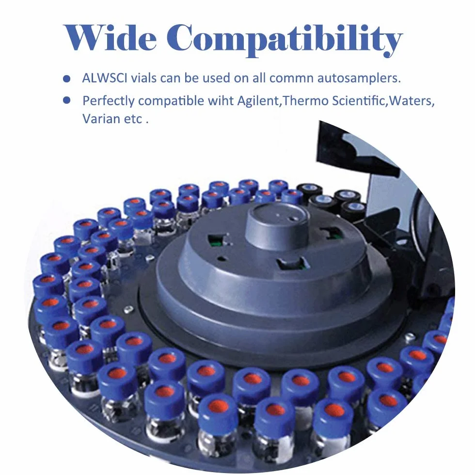 ALWSCI Fiale HPLC 2 ml Vetro Ambra 9-425 Tappo a Vite Blu Setti PTFE Silicone 100 pz