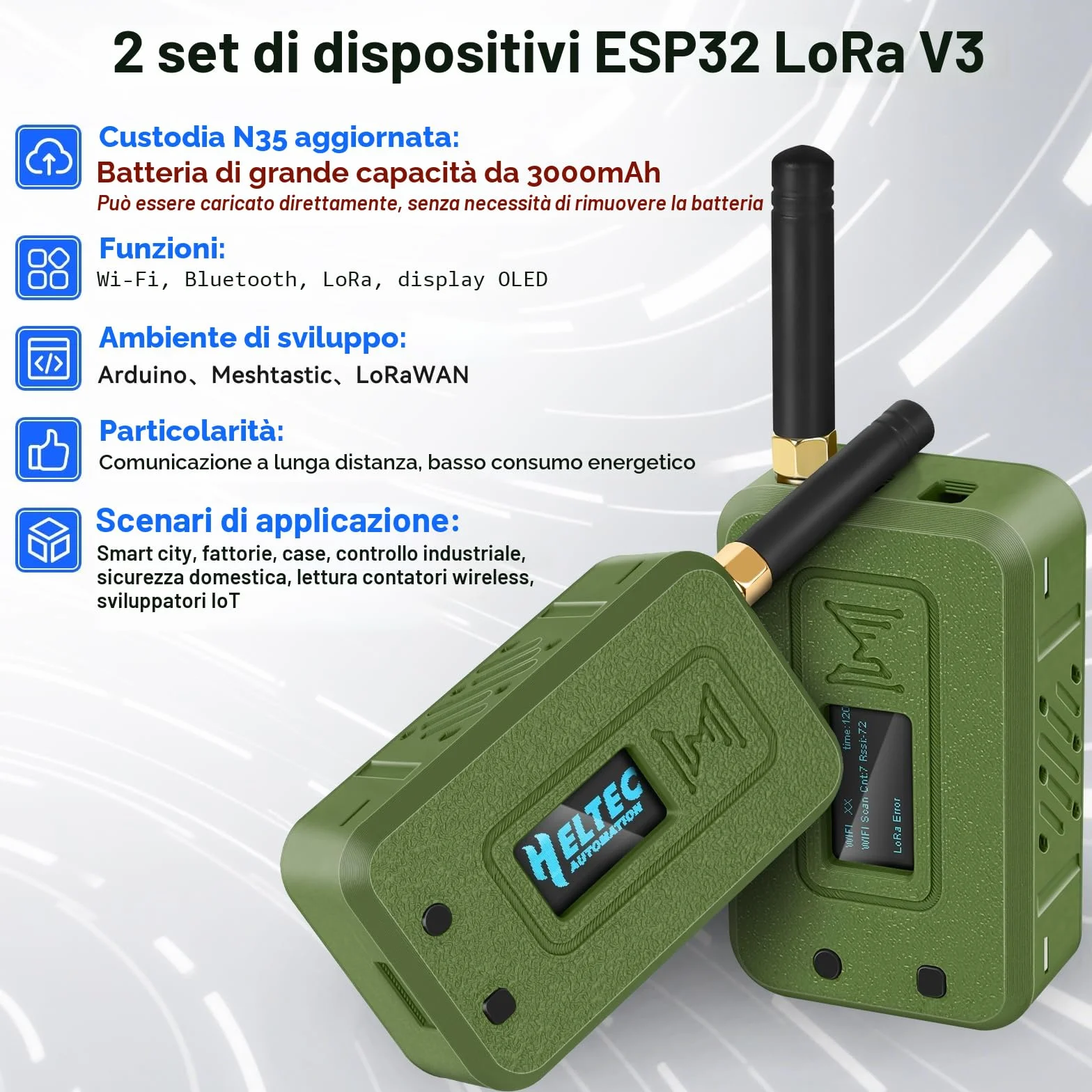 2 Set ESP32 LoRa V3 Modulplatine con Antenna 868 MHz + Batteria 3000 mAh + Custodia Protettiva con WLAN Integrato Bluetooth SX1262 CP2102 Display OLED 0,96" Tipo C per Arduino Lora Meshtastic IoT (N35