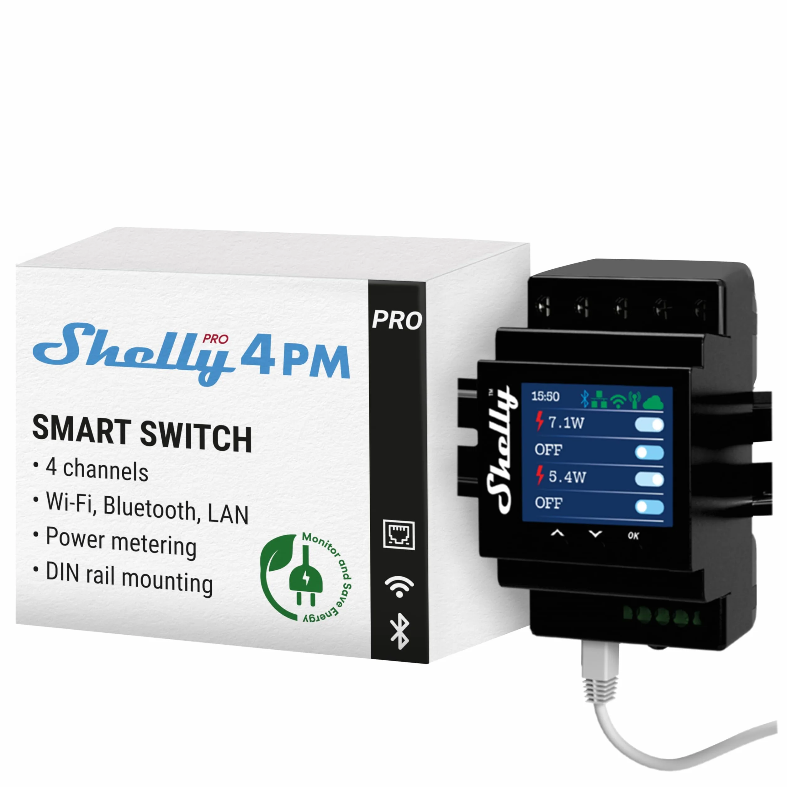 Shelly Pro 4PM - Wi-Fi & LAN Smart Relè Interruttore, Monofase, 4 Canali, 16A, 40A Totale, Monitoraggio Consumi, Luci & Riscaldamento Telecomando, Guida DIN, Domotica, Nessun Hub Richiesto