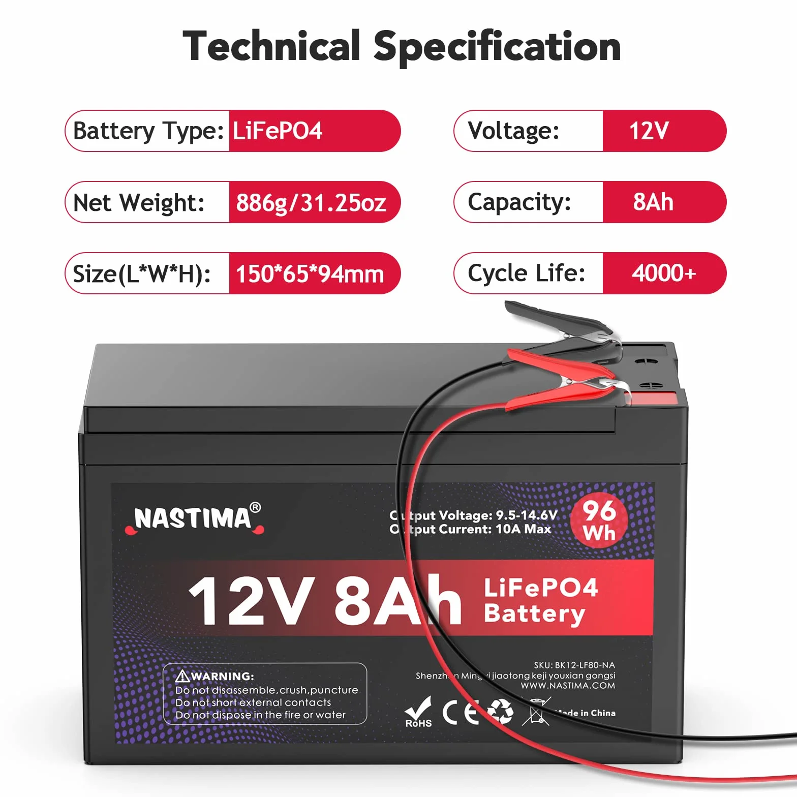 NASTIMA Batteria Ricaricabile 12V 8Ah LiFePO4 con Protezione BMS e Ciclo Profondo 4000, Adatta per Kit di Pannelli Solari, Passeggini, Camper, Barche, Campeggio, Ecoscandagli