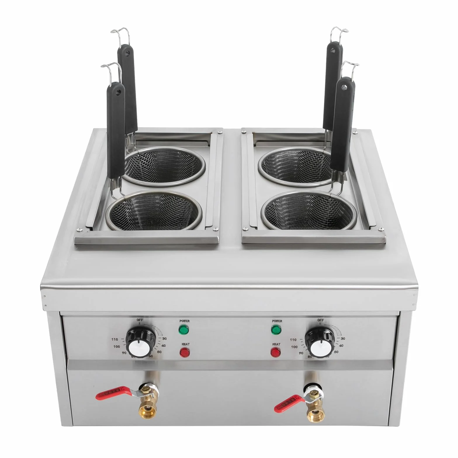Fornello per pasta elettrica, 2 x 2 KW, comoda macchina per pasta con 4 cestelli, 220 V, design a 4 fori, capacità nominale 2 x 9 l, temperatura regolabile 30 – 110 °C