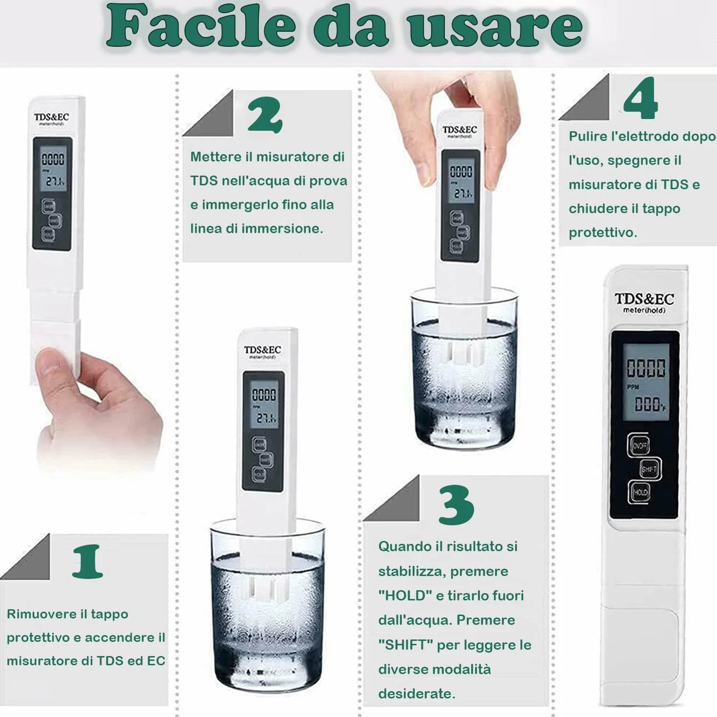 Tester digitale LCD per la qualità dell'acqua Misuratore TDS EC e Temperatura 3 in 1, Precisione di Lettura +/- 2%, 0-9990 PPM set, per Acqua Potabile/Piscina/Acquario/Piscina