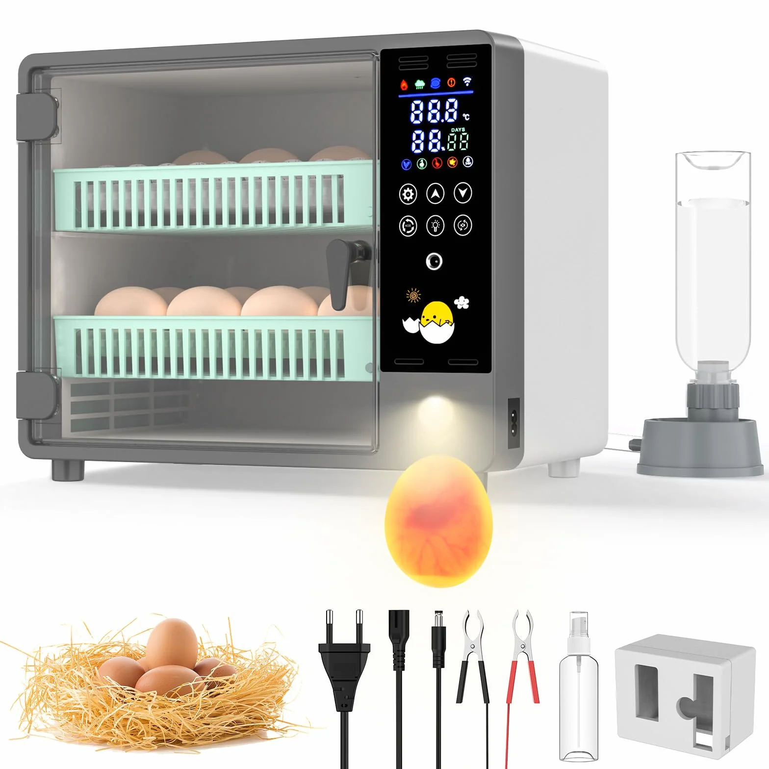 Macchina incubatrice completamente automatica, 24 uova con paletta automatica e controllo della temperatura, doppio alimentatore, incubatrice incubatrice per polli, quaglie, anatre (A)