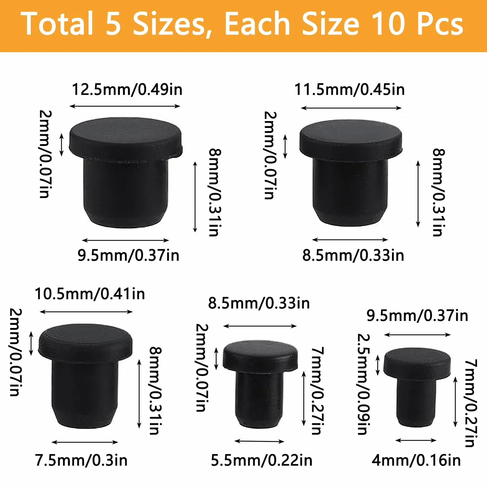 Tappi in Gomma Silicone Impermeabili, 5 Misure, 50 Pezzi, Fori 4-9,5 mm, Nero